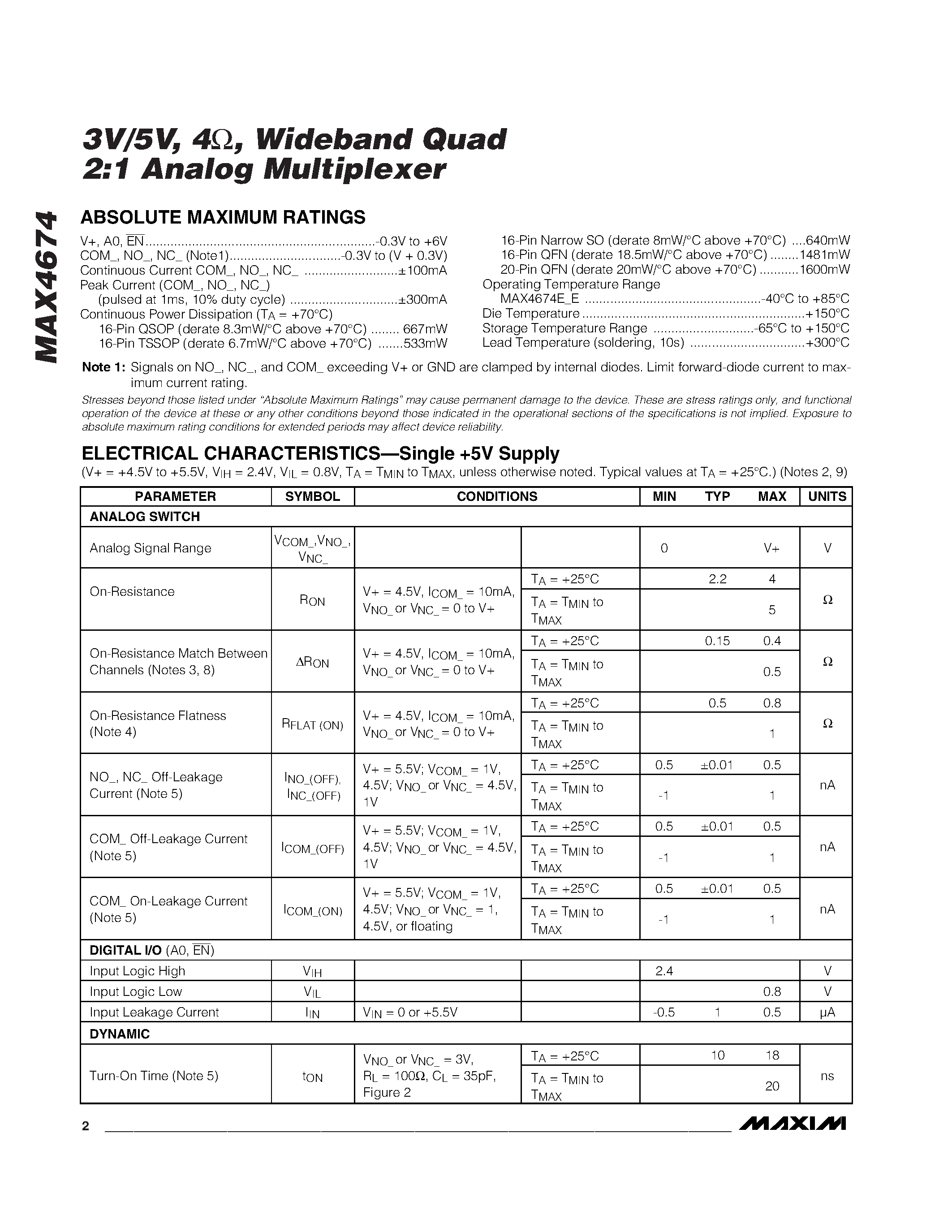 Datasheet MAX4674EUE - 3V/5V / 4 / Wideband Quad 2:1 Analog Multiplexer page 2