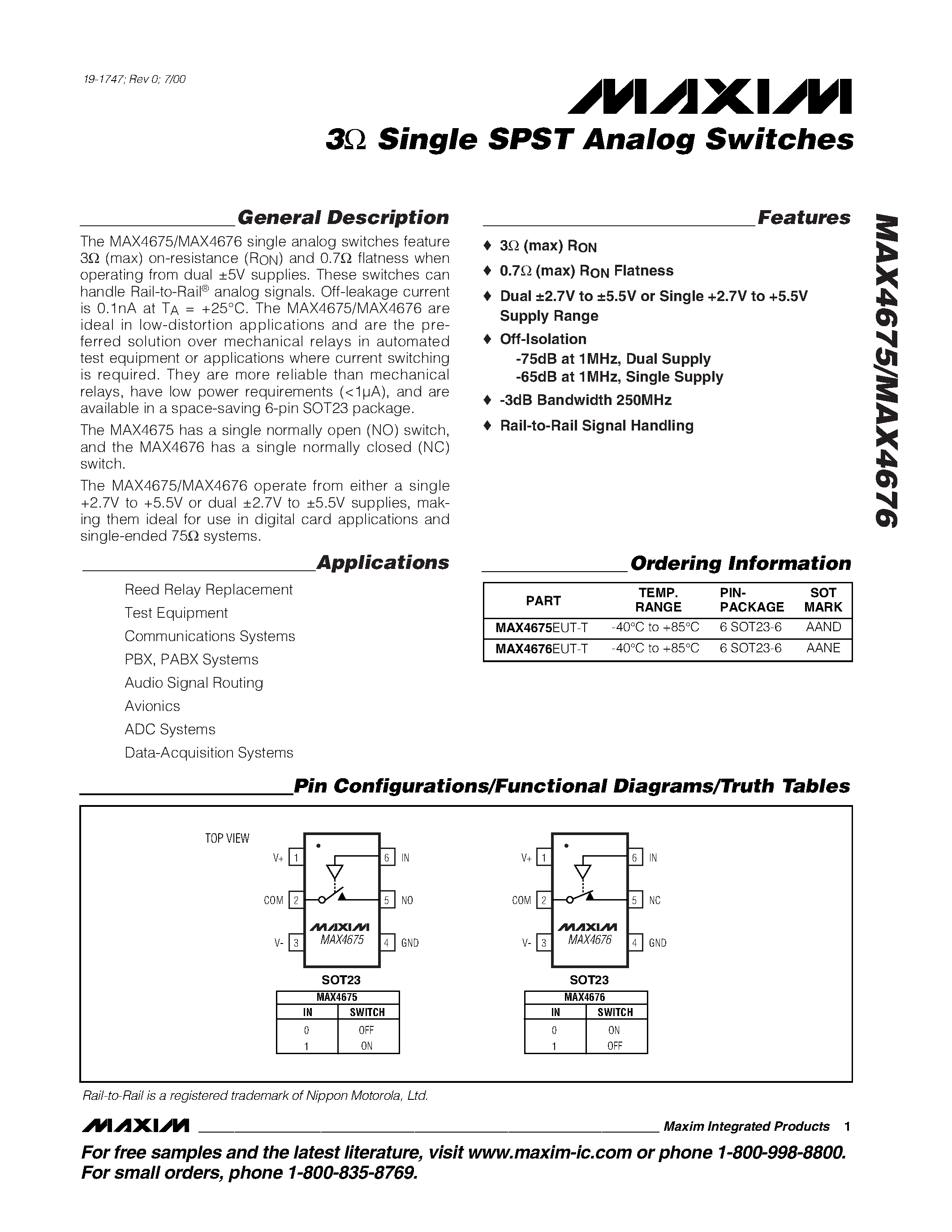 Datasheet MAX4675 - 3 Single SPST Analog Switches page 1