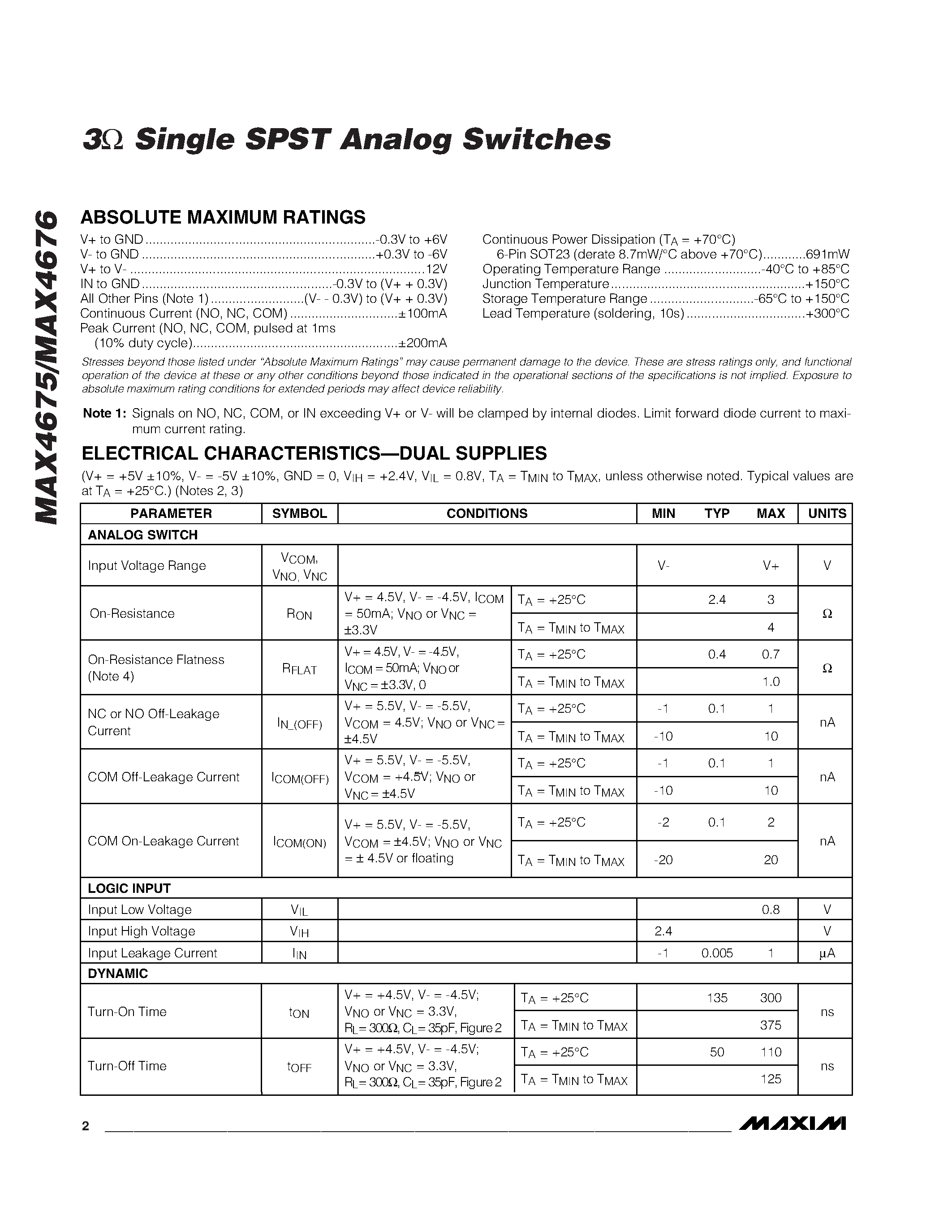 Datasheet MAX4676EUT-T page 2 Datasheet MAX4676EUT-T - 3 Single SPST Analog Switches page 2