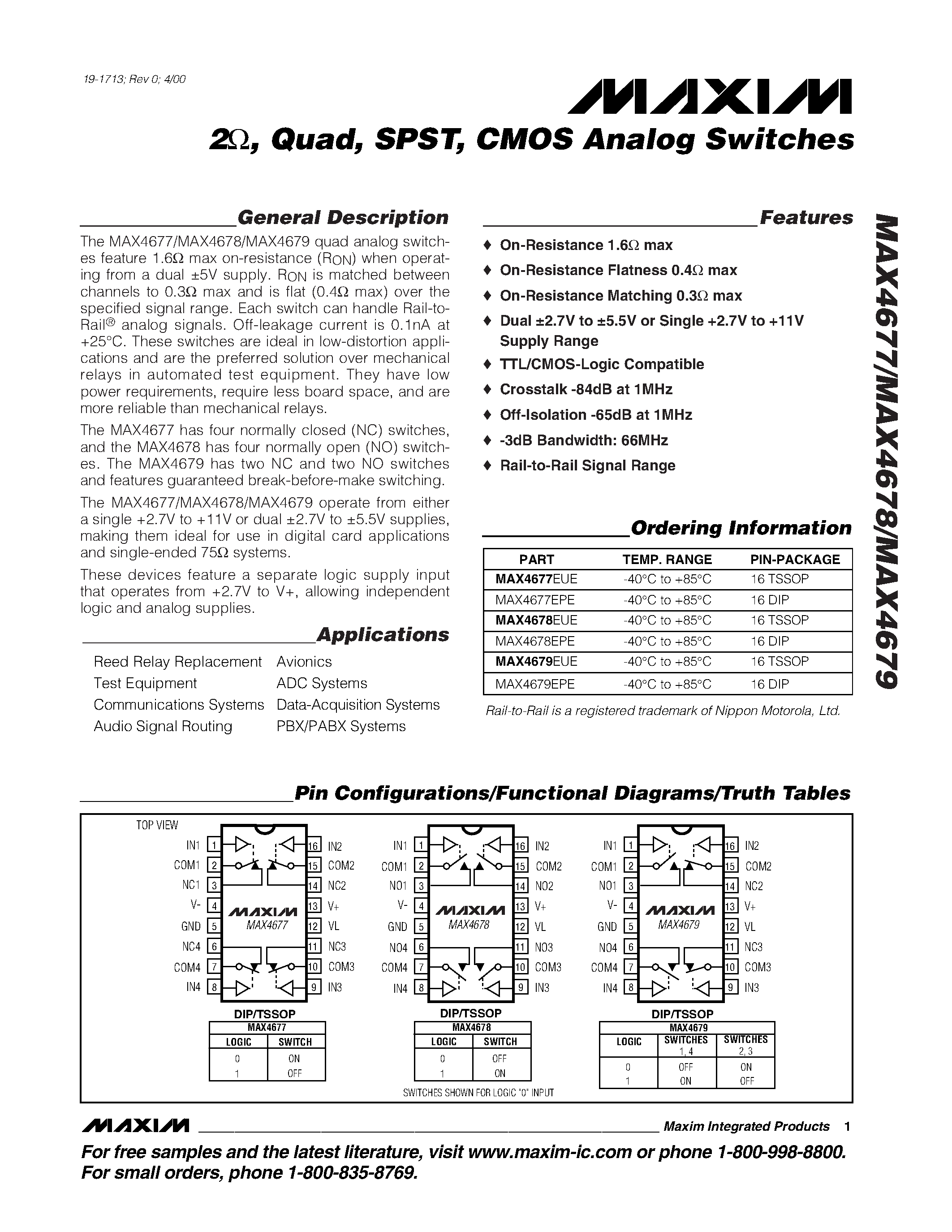 Datasheet MAX4678EPE - 2 / Quad / SPST / CMOS Analog Switches page 1