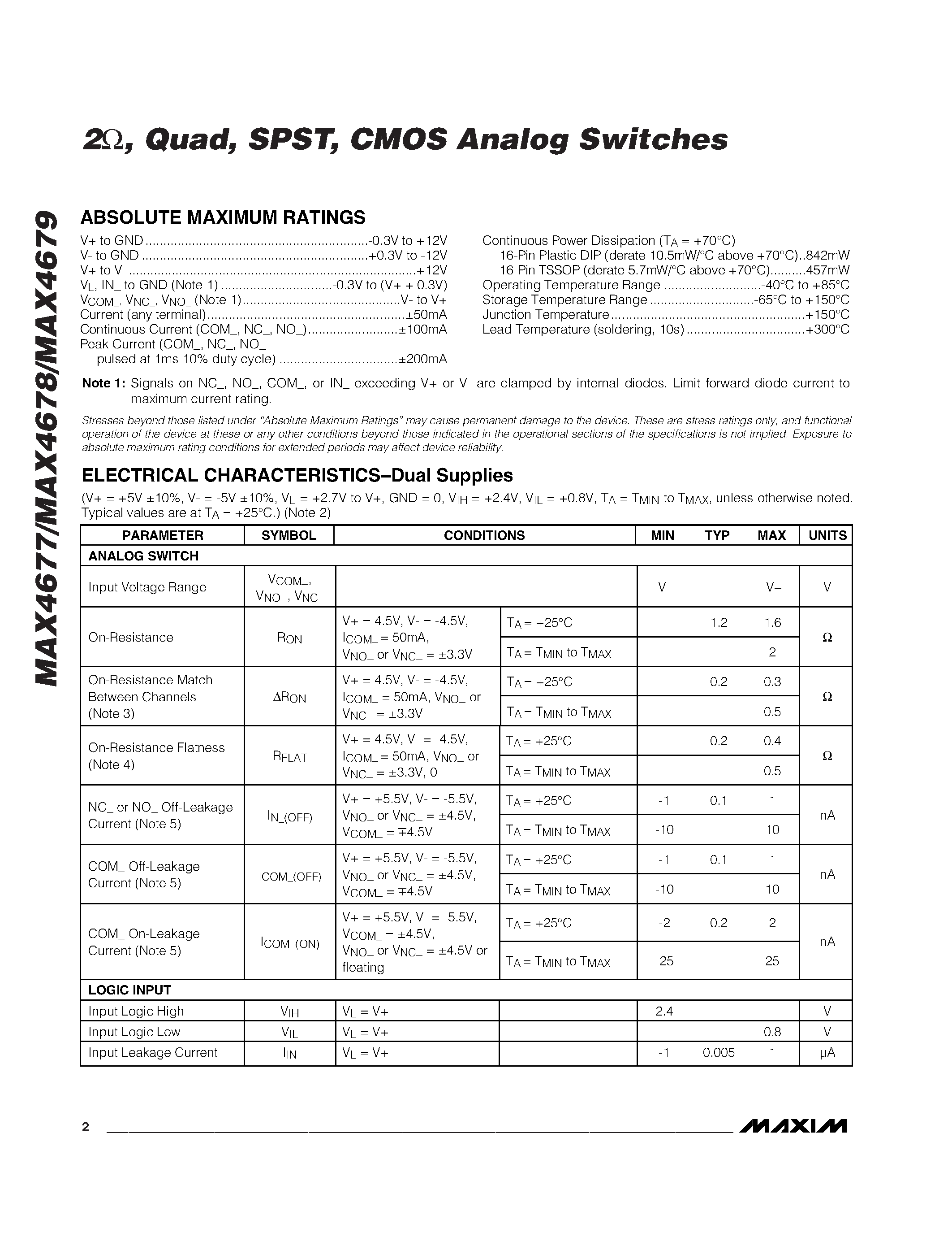 Datasheet MAX4679 - 2 / Quad / SPST / CMOS Analog Switches page 2