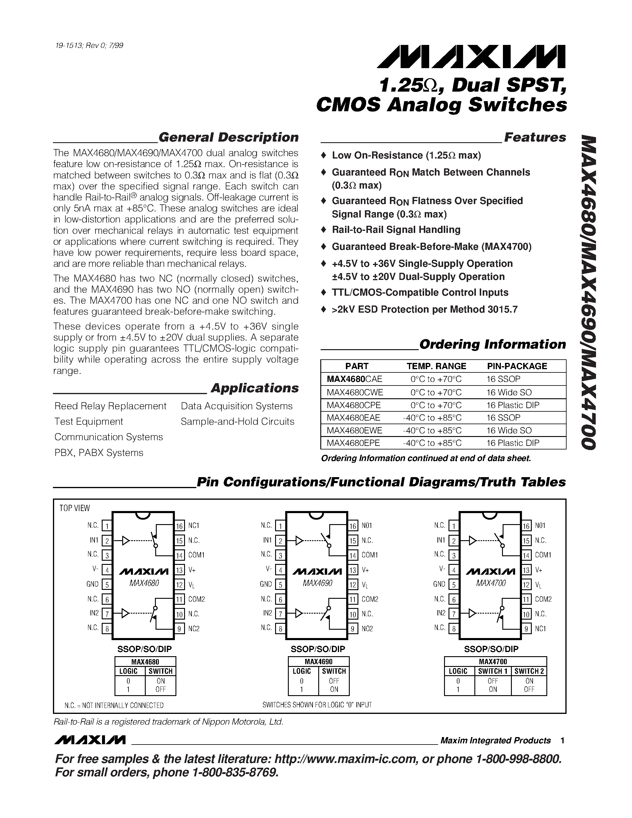 Datasheet MAX4680 - 1.25 / Dual SPST / CMOS Analog Switches page 1