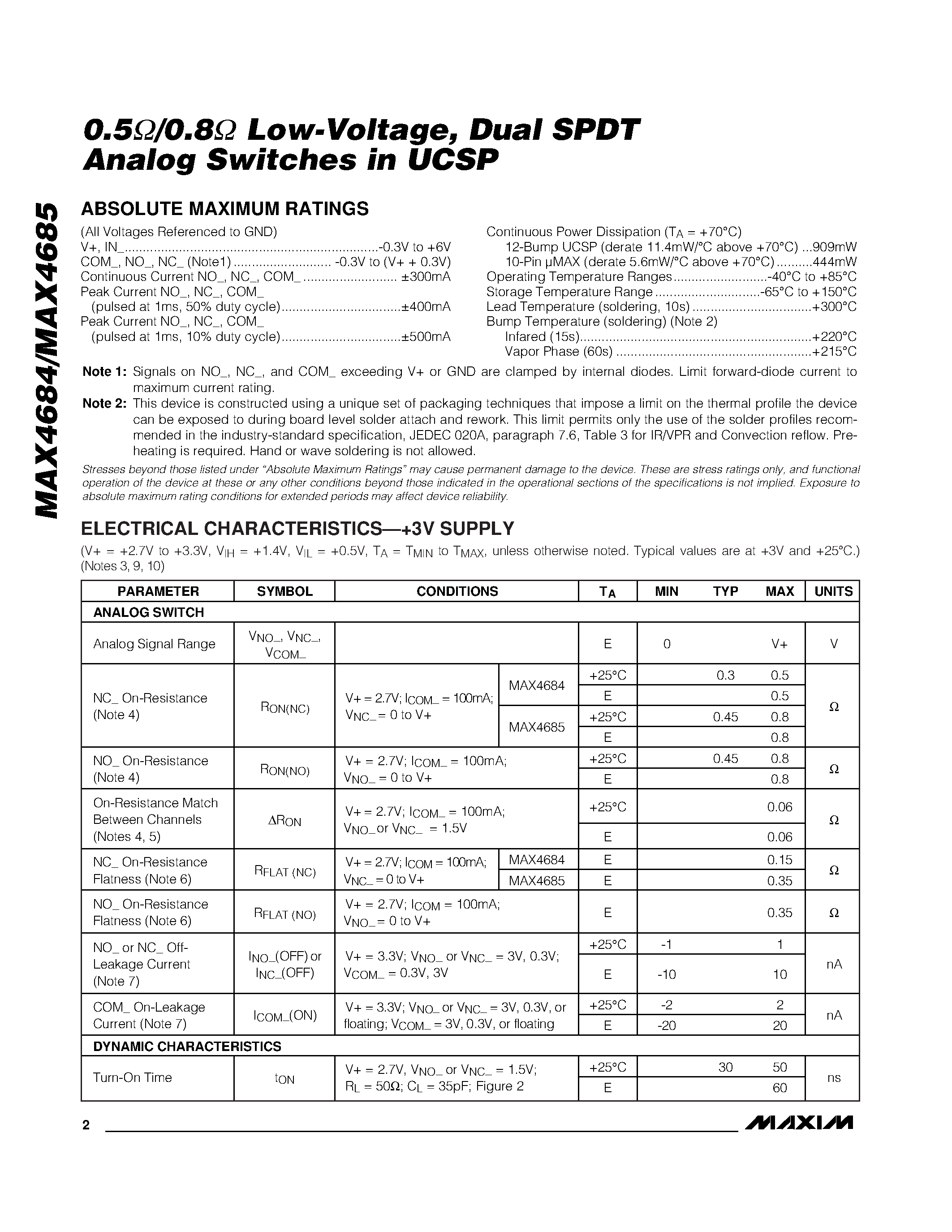 Datasheet MAX4684-MAX4685 - 0.5 /0.8 Low-Voltage / Dual SPDT Analog Switches in UCSP page 2
