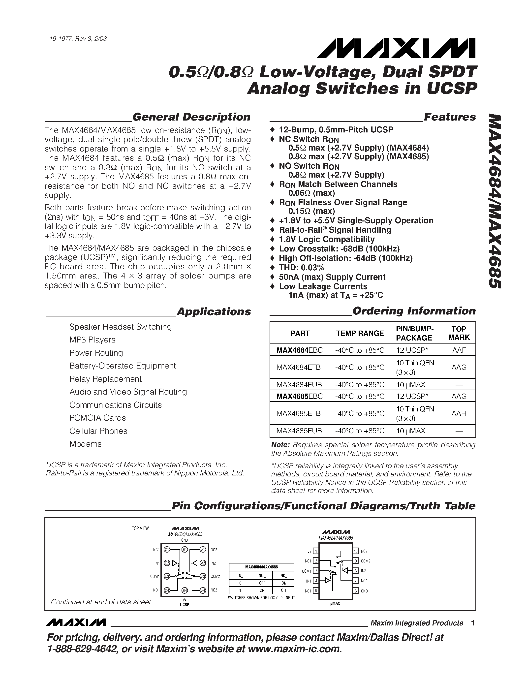 Datasheet MAX4684EUB - 0.5 /0.8 Low-Voltage / Dual SPDT Analog Switches in UCSP page 1