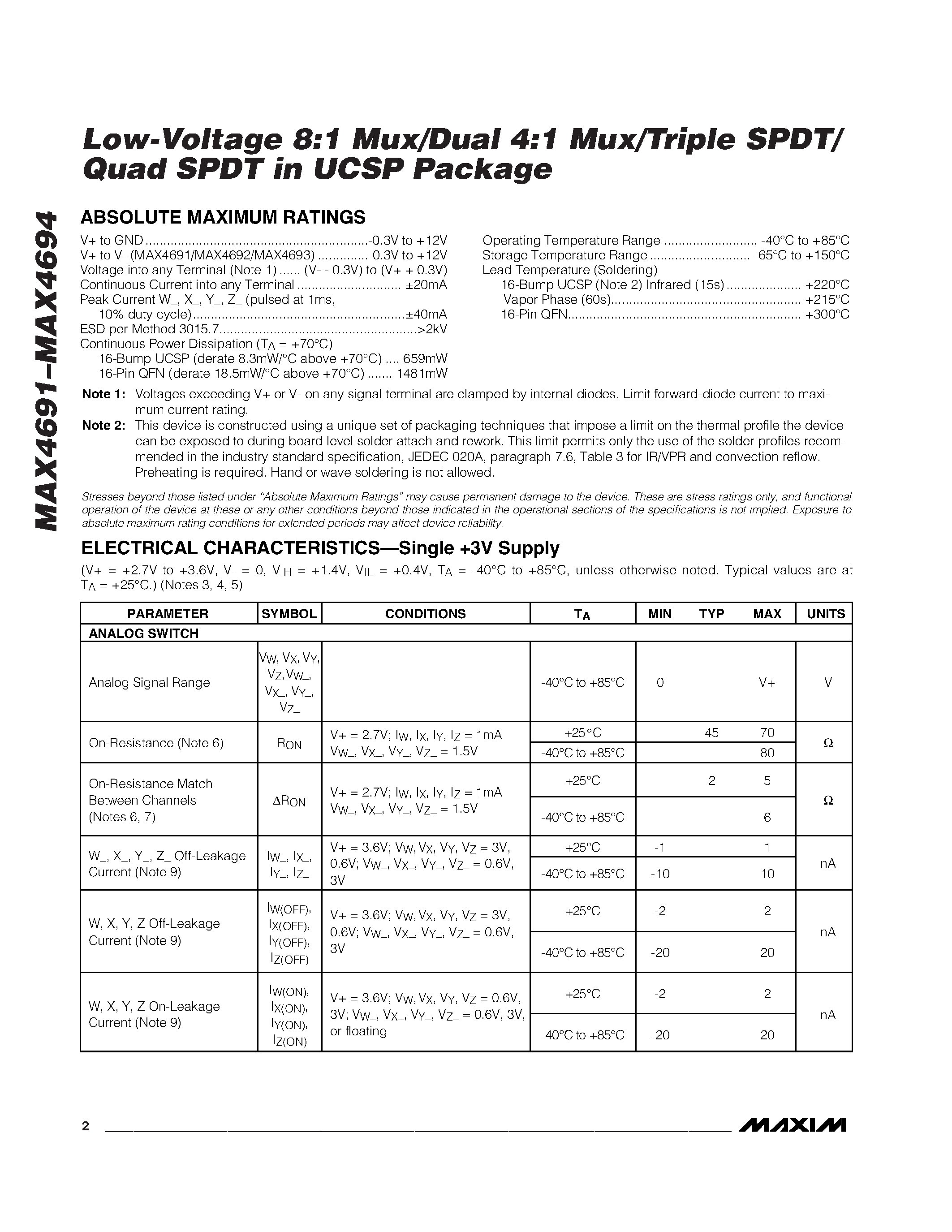 Datasheet MAX4694EGE - Low-Voltage 8:1 Mux/Dual 4:1 Mux/Triple SPDT/ Quad SPDT in UCSP Package page 2