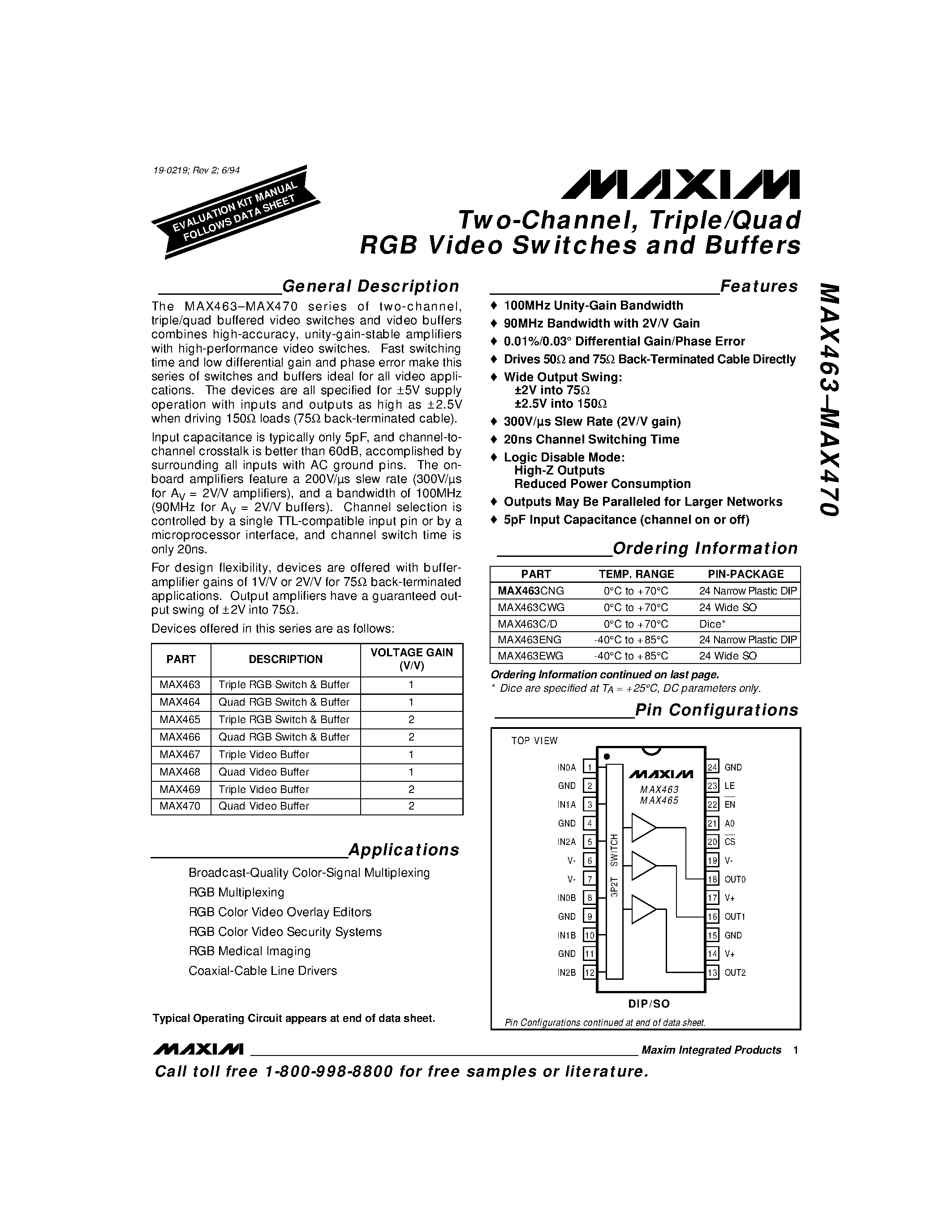 Даташит на микросхему MAX470 страница 1 Даташит MAX470 - Two-Channel / Triple/Quad RGB Video Switches and Buffers страница 1