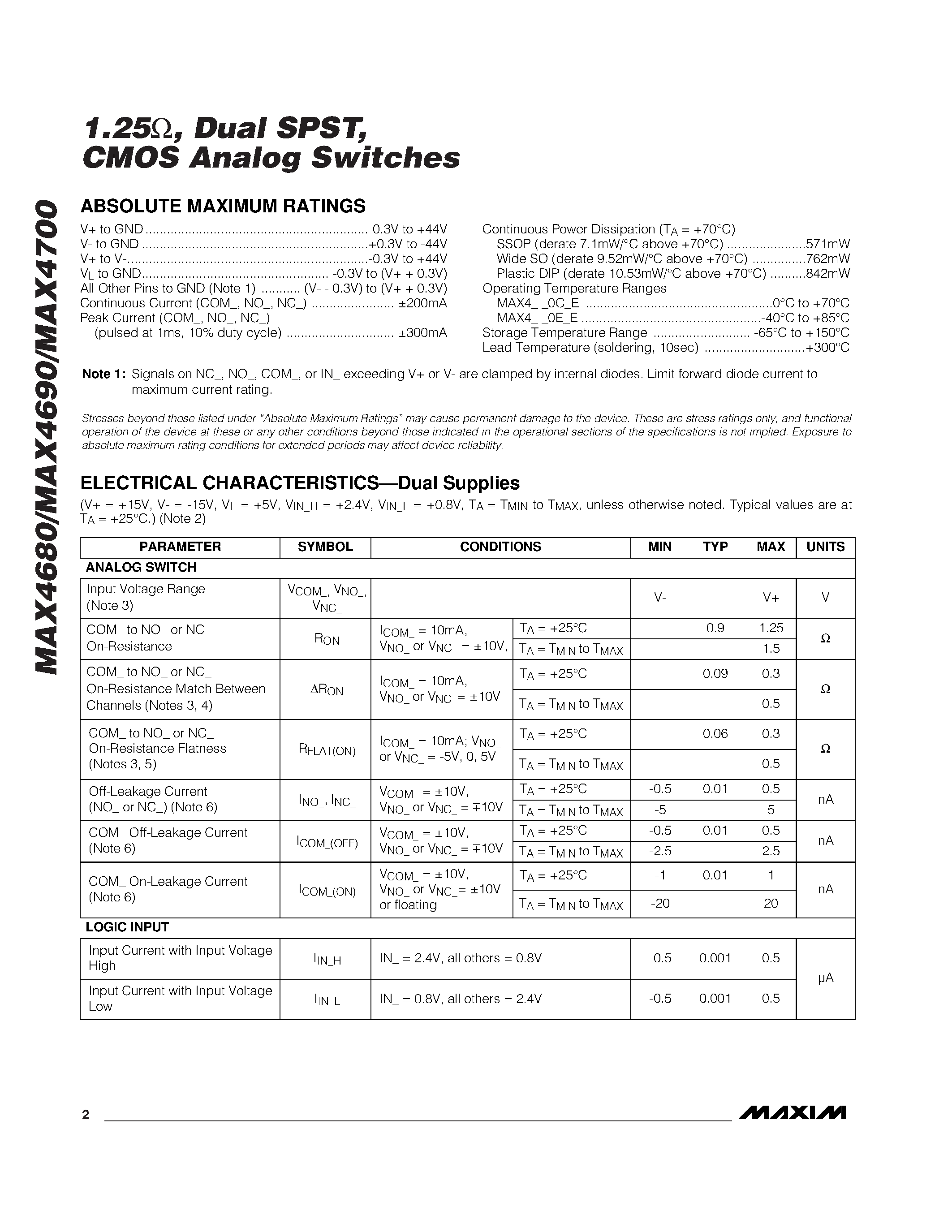 Datasheet MAX4700EWE - 1.25 / Dual SPST / CMOS Analog Switches page 2