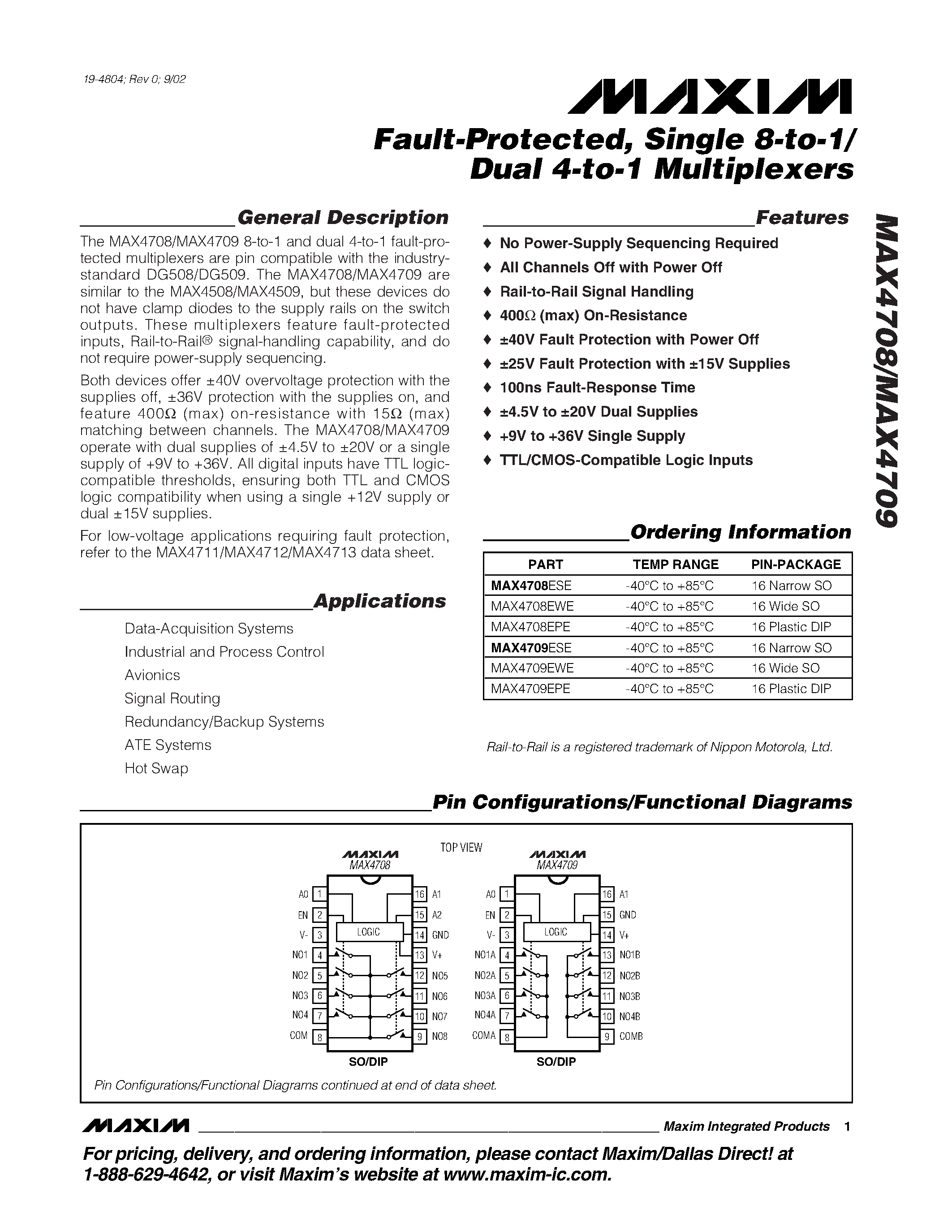 Datasheet MAX4708 - Fault-Protected / Single 8-to-1/ Dual 4-to-1 Multiplexers page 1