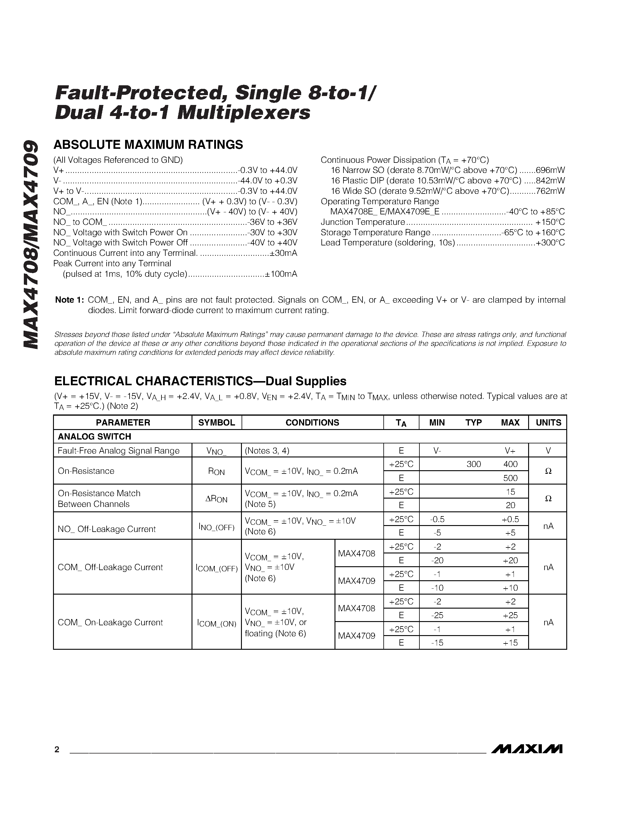 Datasheet MAX4709ESE - Fault-Protected / Single 8-to-1/ Dual 4-to-1 Multiplexers page 2