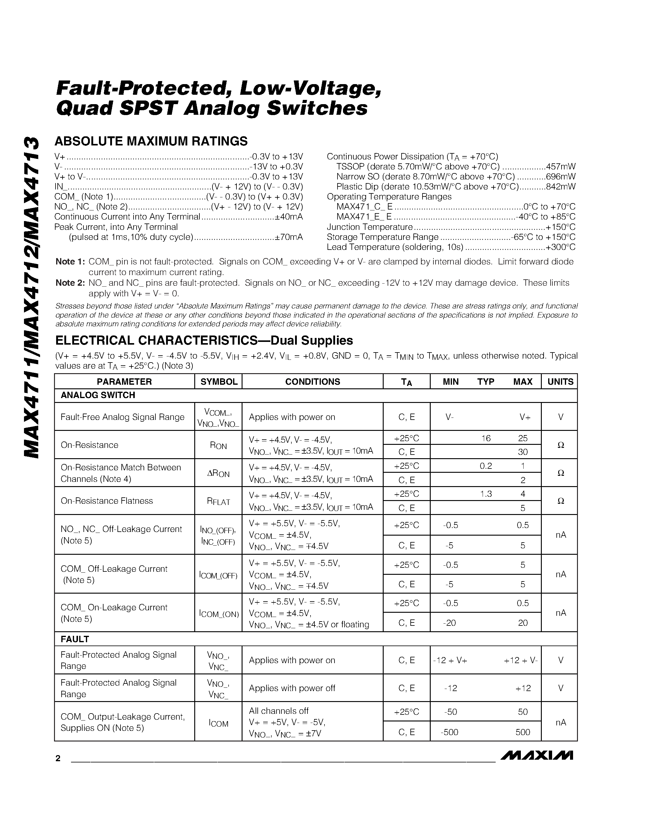 Даташит на микросхему MAX4712EPE страница 2 Даташит MAX4712EPE - Fault-Protected / Low-Voltage / Quad SPST Analog Switches страница 2