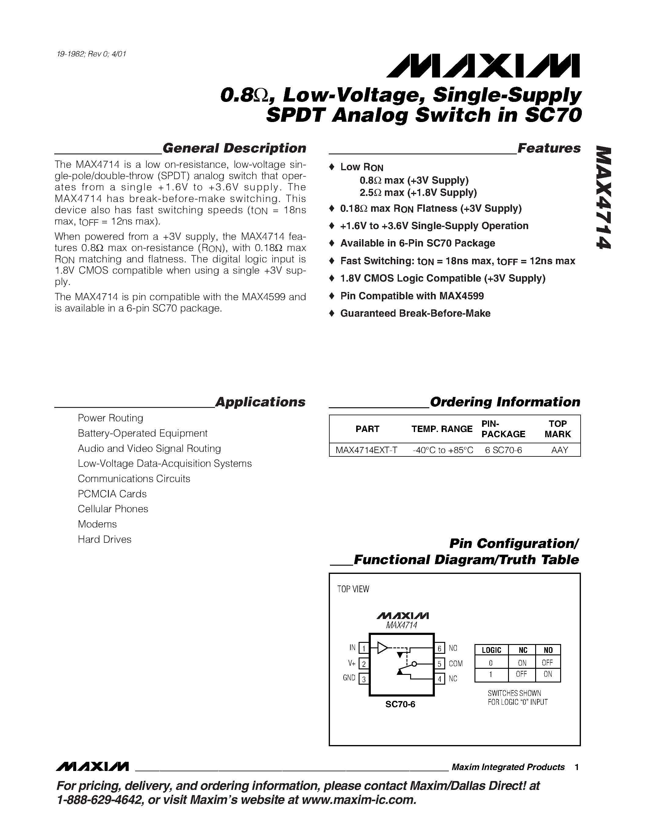 Datasheet MAX4714 - 0.8 / Low-Voltage / Single-Supply SPDT Analog Switch in SC70 page 1
