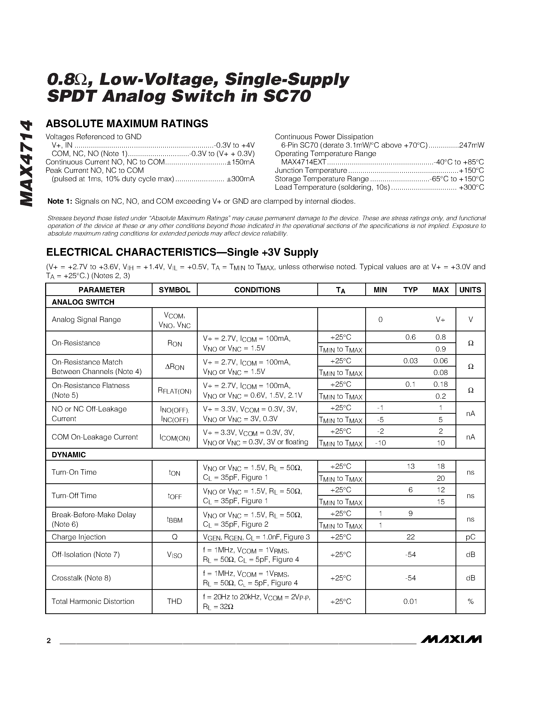 Datasheet MAX4714 - 0.8 / Low-Voltage / Single-Supply SPDT Analog Switch in SC70 page 2