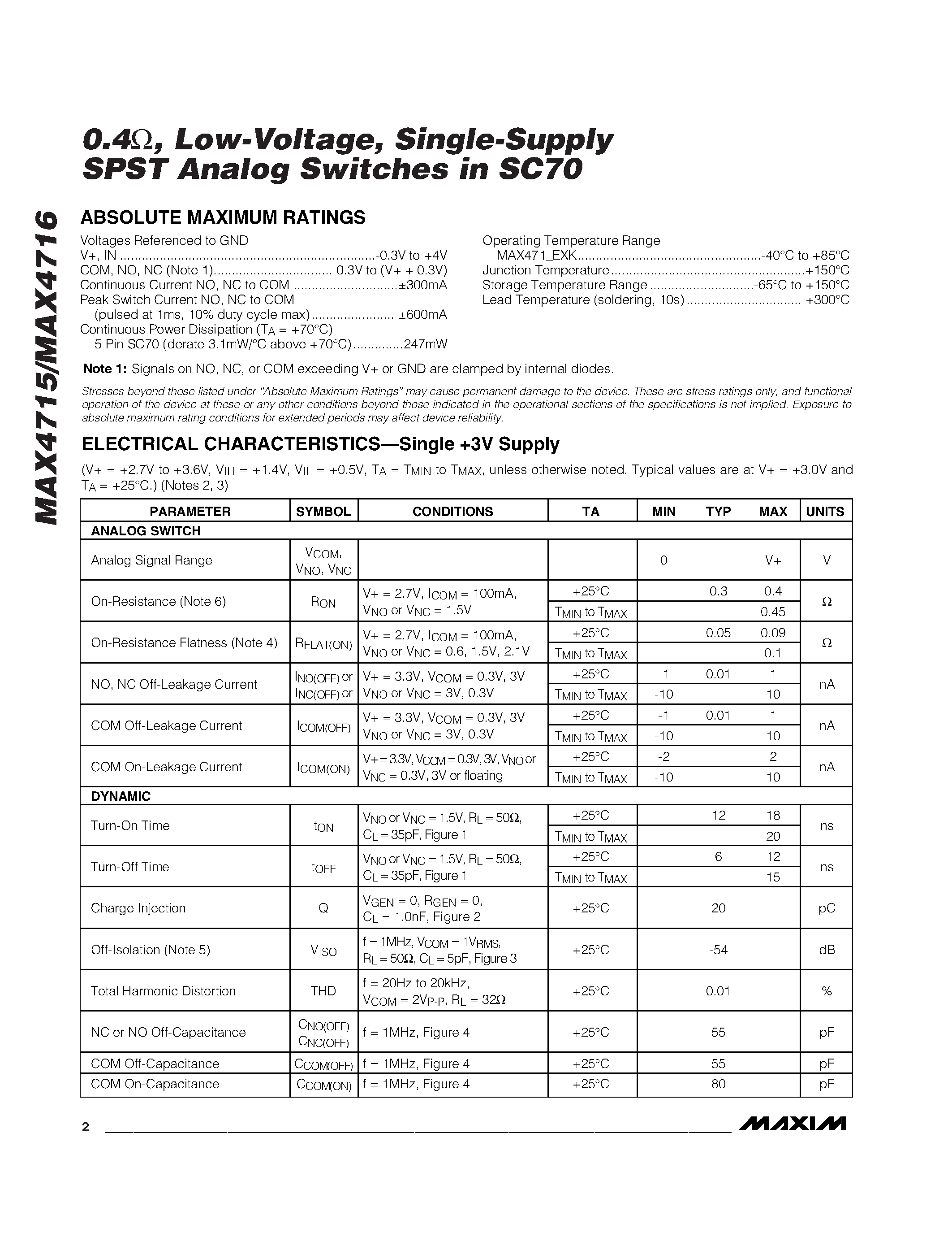Datasheet MAX4716EXK-T page 2 Datasheet MAX4716EXK-T - 0.4 / Low-Voltage / Single-Supply SPST Analog Switches in SC70 page 2