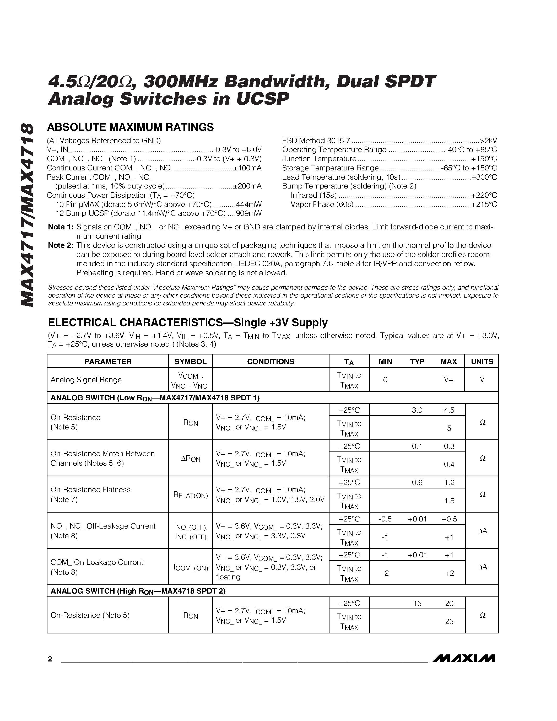 Datasheet MAX4717 - 4.5 /20 / 300MHz Bandwidth / Dual SPDT Analog Switches in UCSP page 2