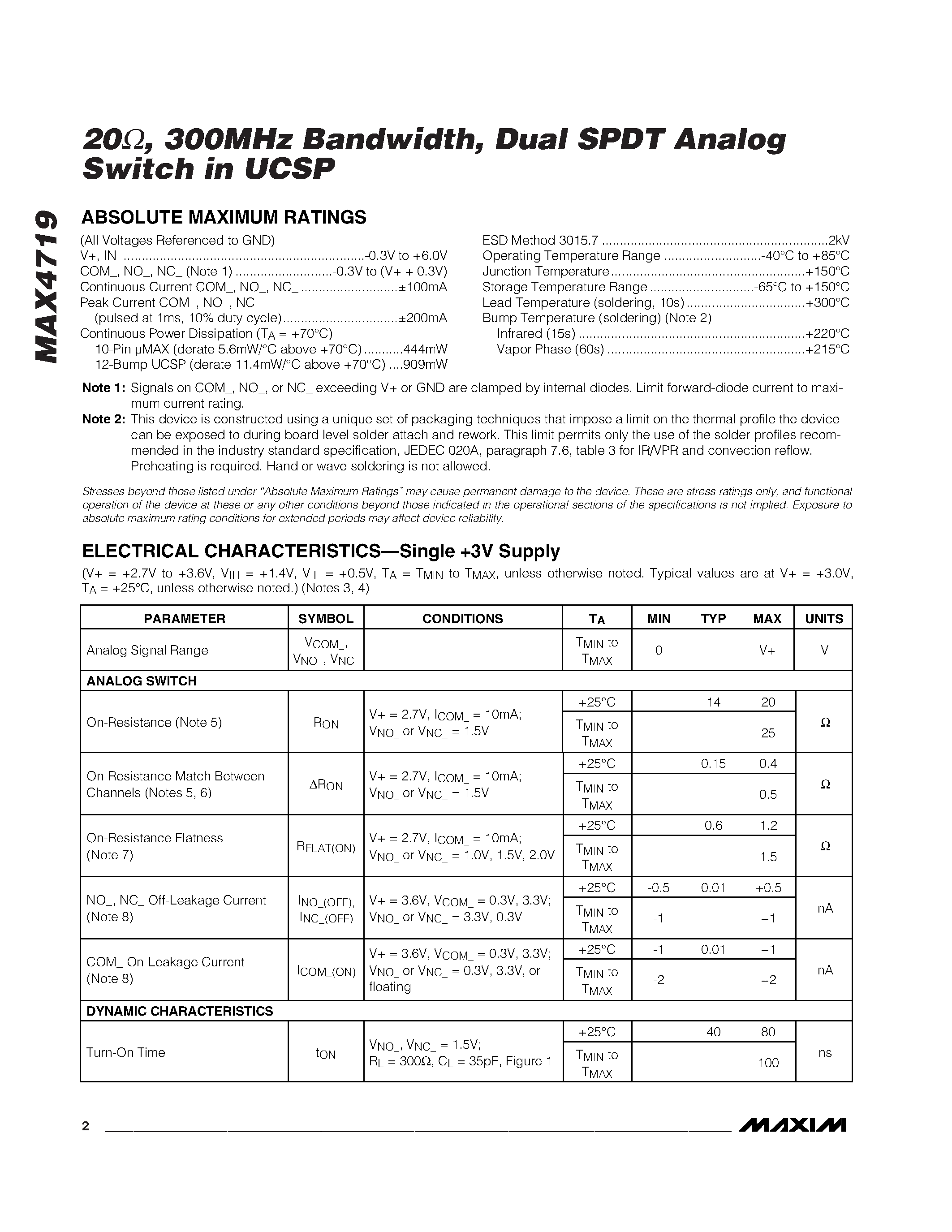 Datasheet MAX4719EUB page 2 Datasheet MAX4719EUB - 300MHz Bandwidth / Dual SPDT Analog Switch in UCSP page 2