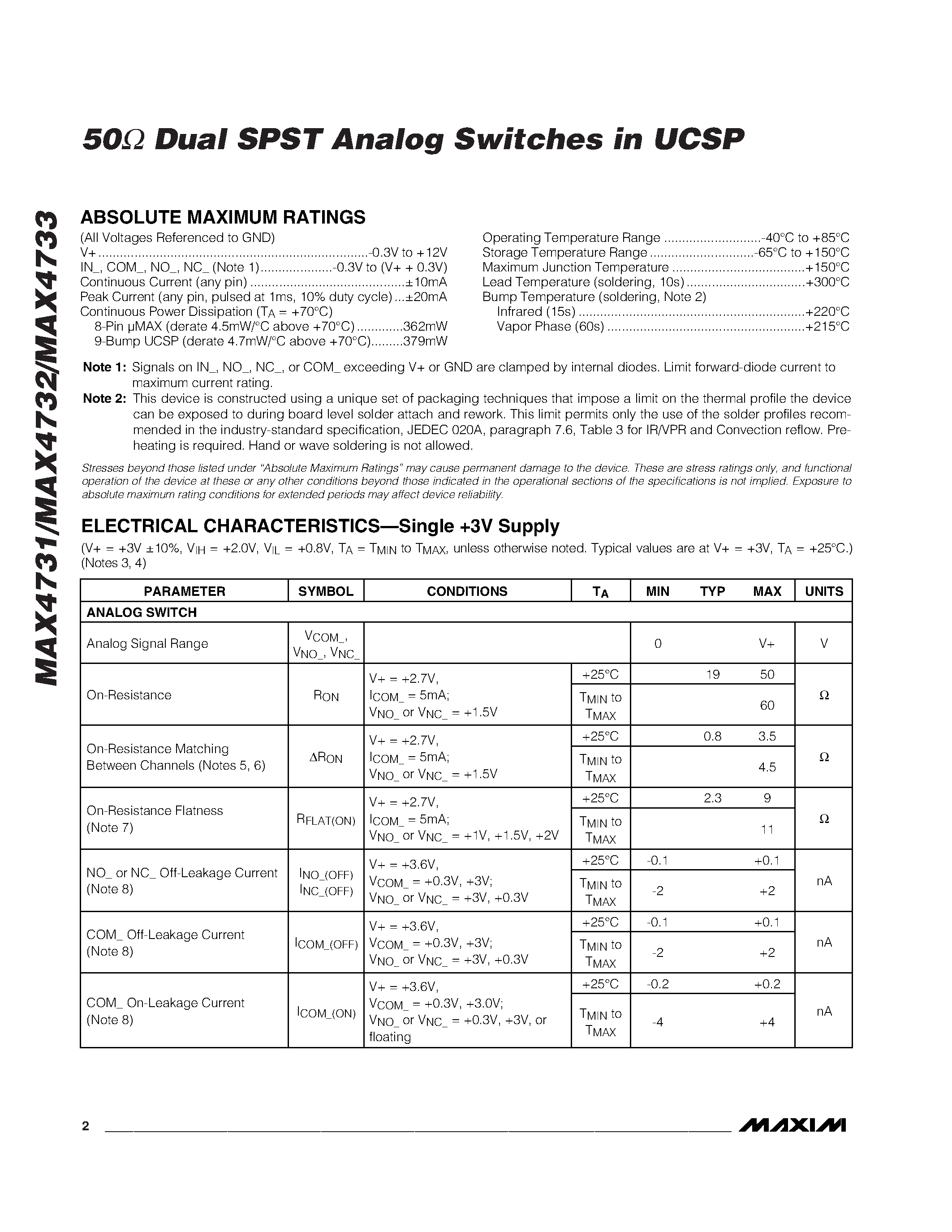 Даташит MAX4732EUA - 50 Dual SPST Analog Switches in UCSP страница 2