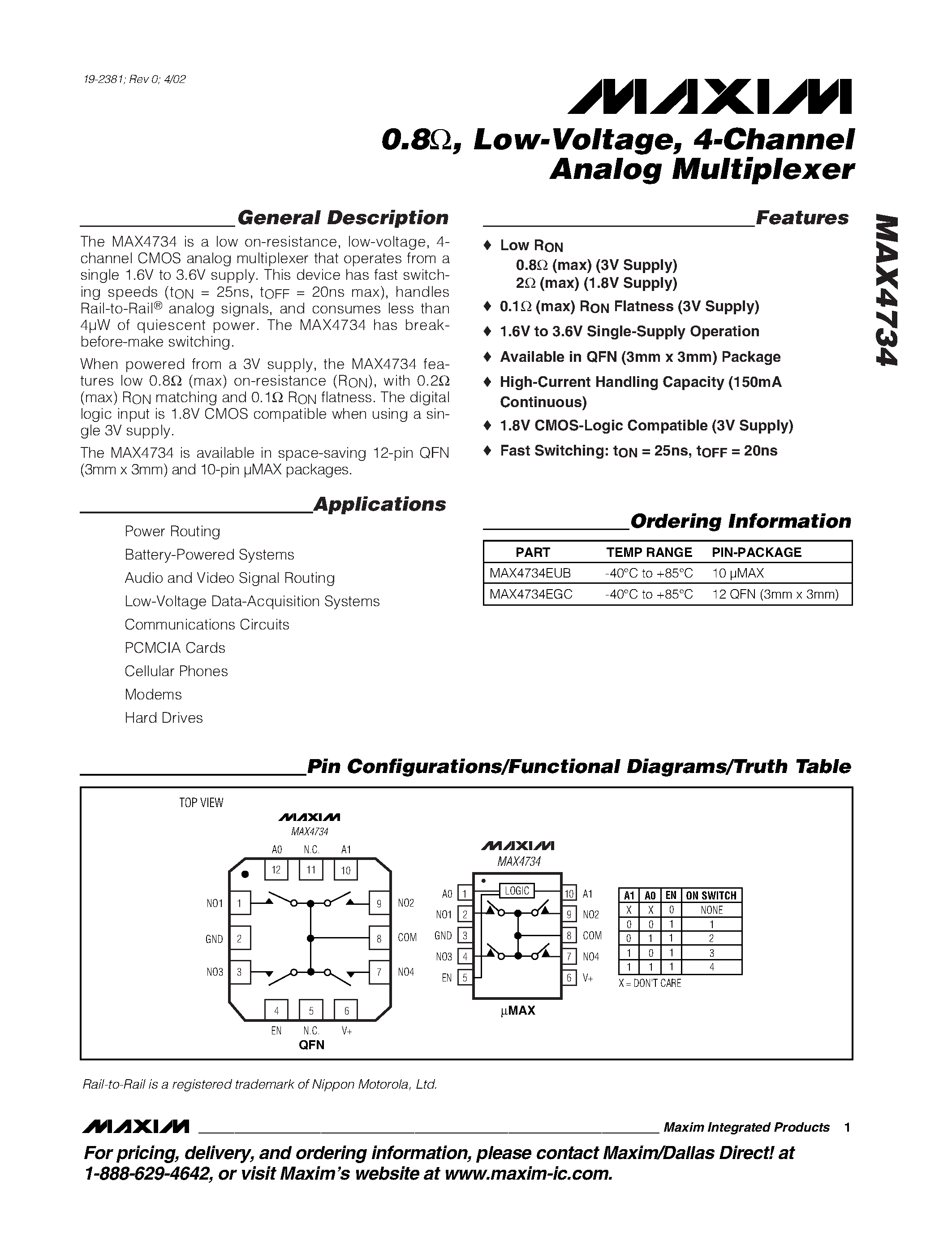 Datasheet MAX4734EGC - 0.8 / Low-Voltage / 4-Channel Analog Multiplexer page 1