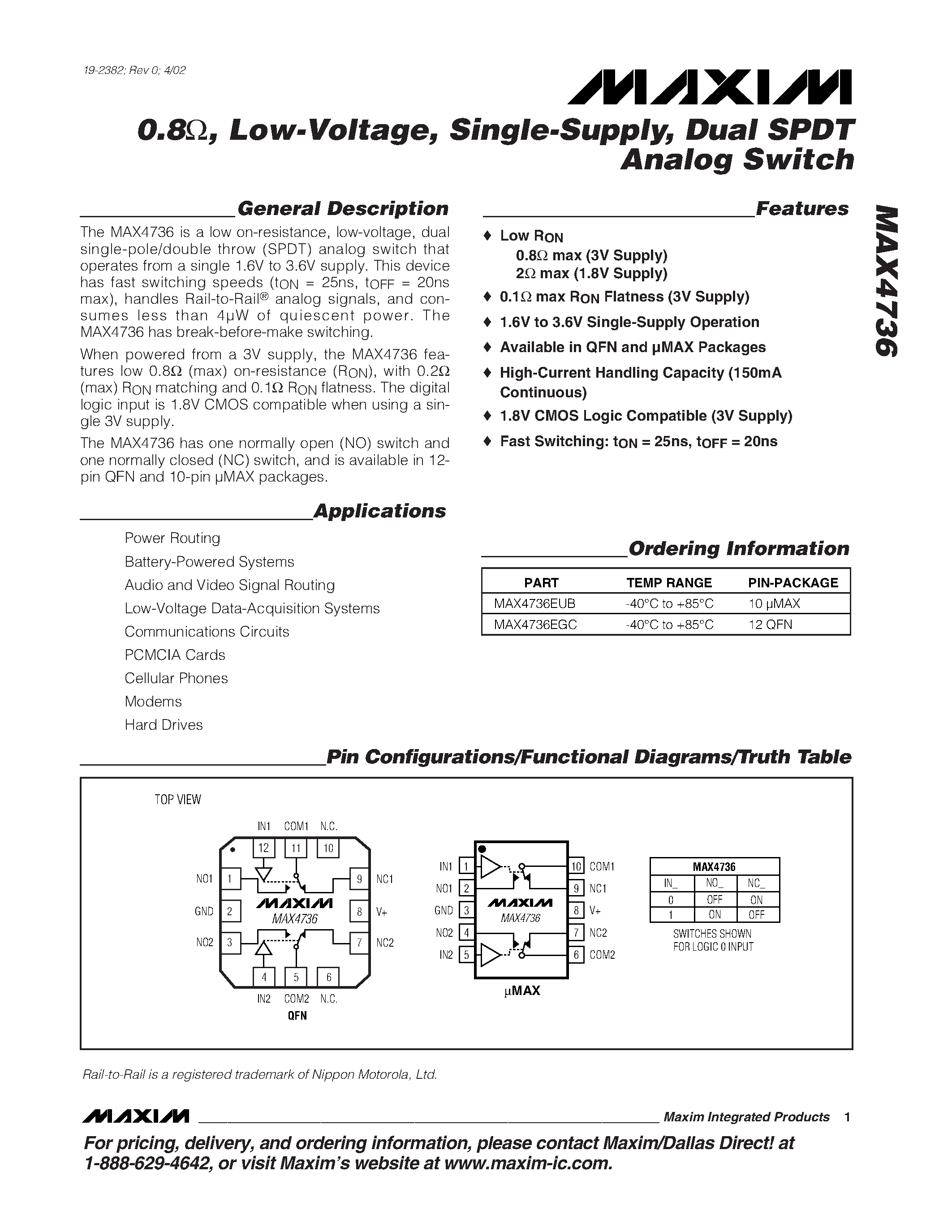 Datasheet MAX4736EUB - 0.8 / Low-Voltage / Single-Supply / Dual SPDT Analog Switch page 1