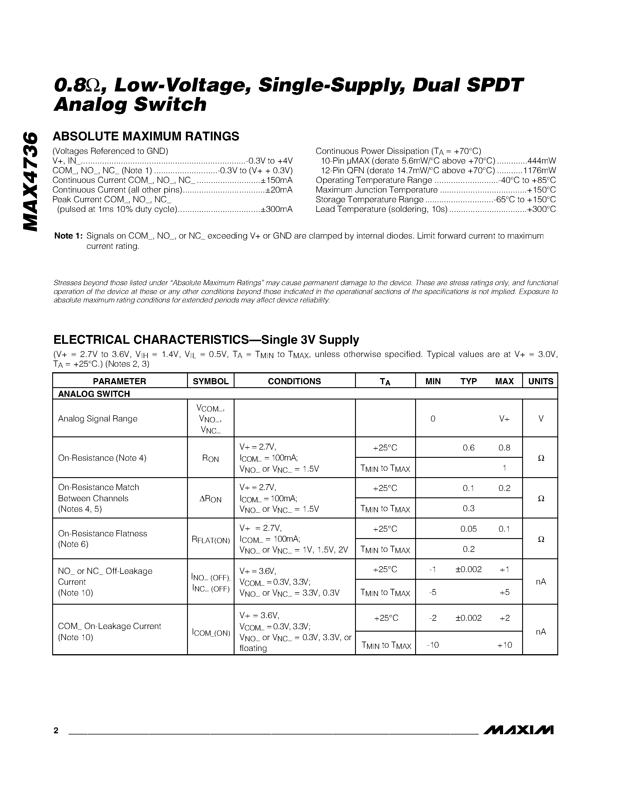Datasheet MAX4736EUB - 0.8 / Low-Voltage / Single-Supply / Dual SPDT Analog Switch page 2
