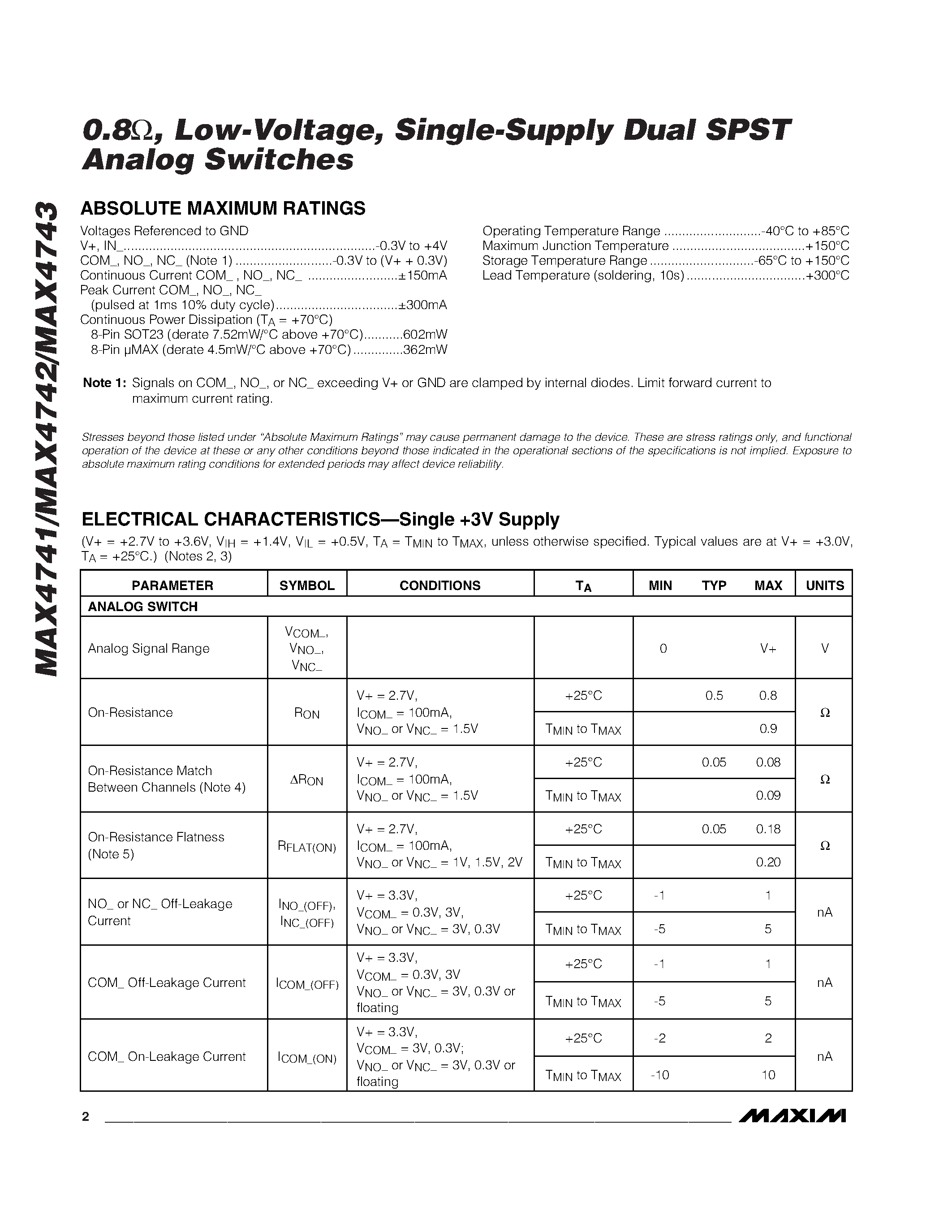 Datasheet MAX4741EUA - 0.8 / Low-Voltage / Single-Supply Dual SPST Analog Switches page 2