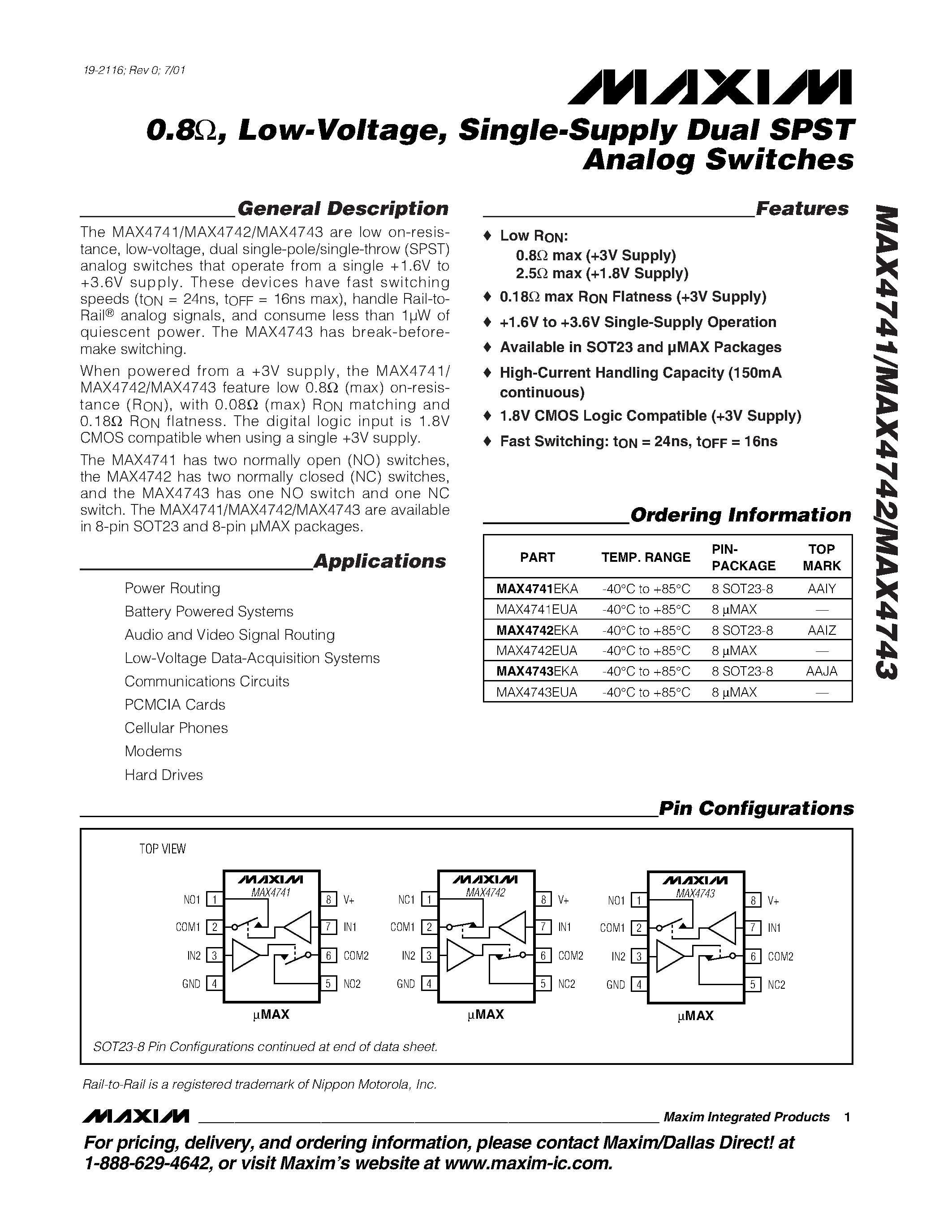 Datasheet MAX4742EKA - 0.8 / Low-Voltage / Single-Supply Dual SPST Analog Switches page 1