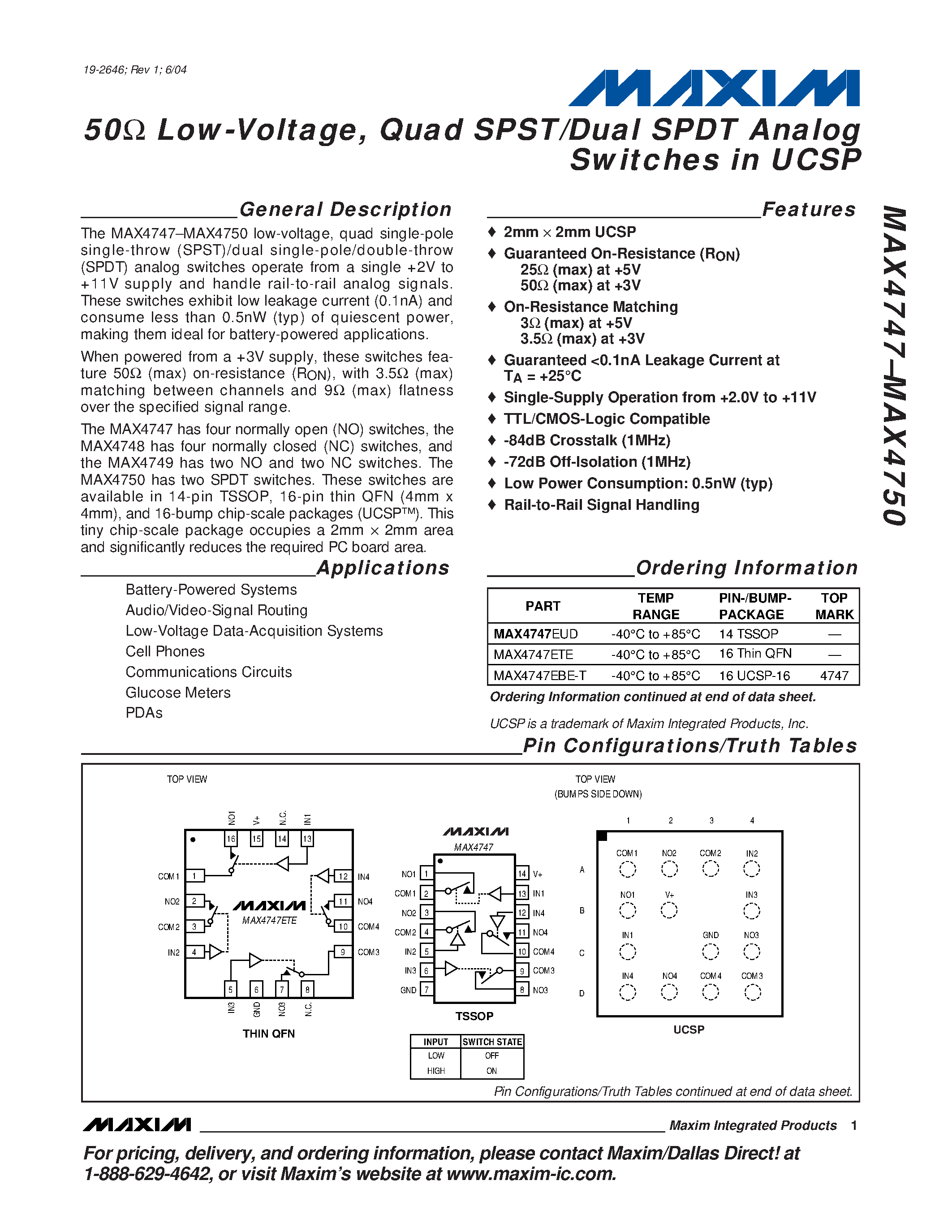 Datasheet MAX4747EBE-T - 50 Low-Voltage / Quad SPST/Dual SPDT Analog Switches in UCSP page 1