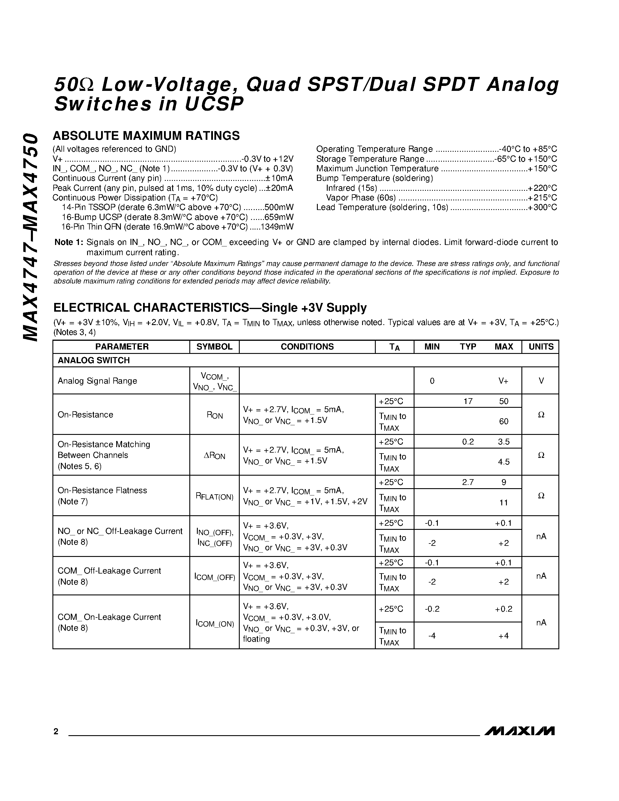 Даташит на микросхему MAX4748EUD страница 2 Даташит MAX4748EUD - 50 Low-Voltage / Quad SPST/Dual SPDT Analog Switches in UCSP страница 2