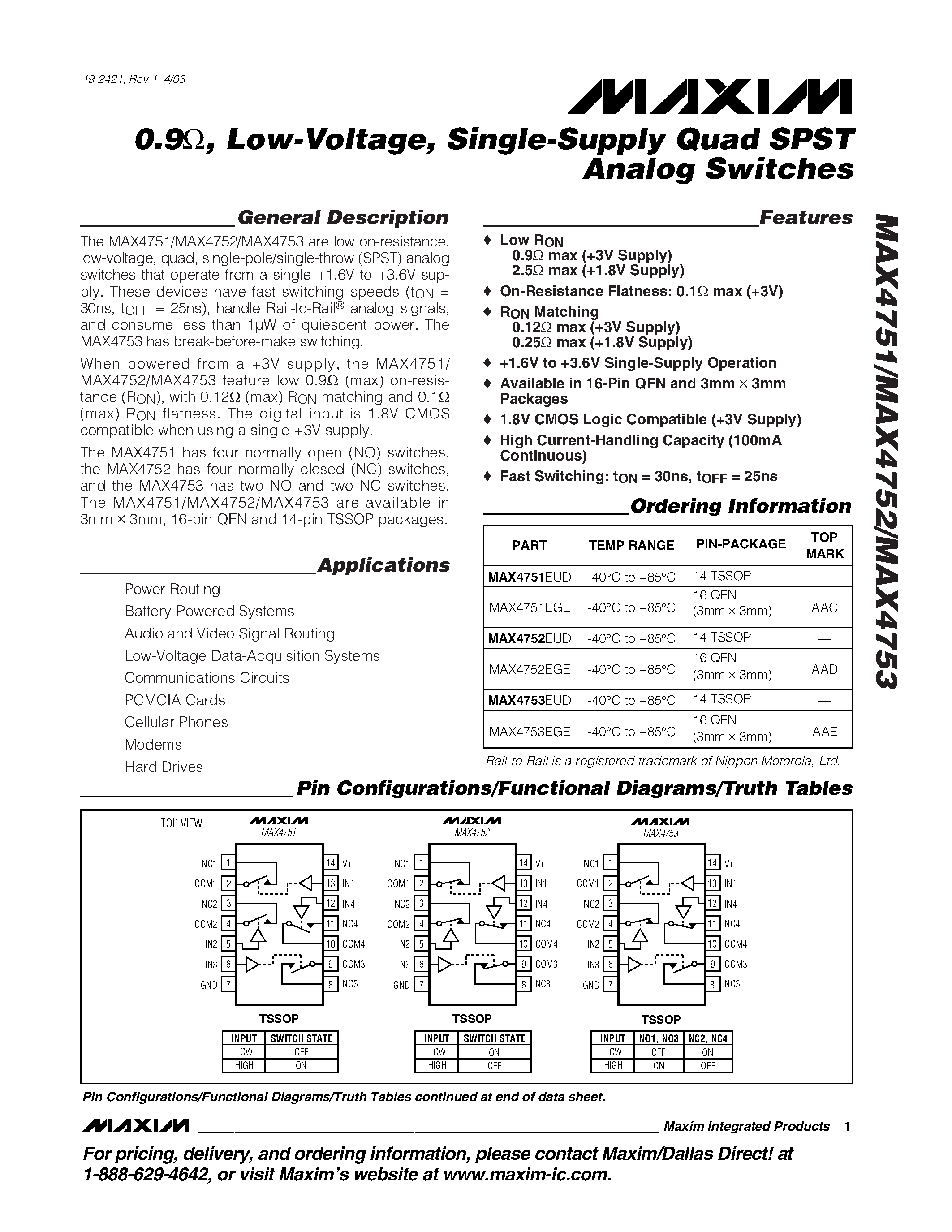 Datasheet MAX4751 - 0.9 / Low-Voltage / Single-Supply Quad SPST Analog Switches page 1