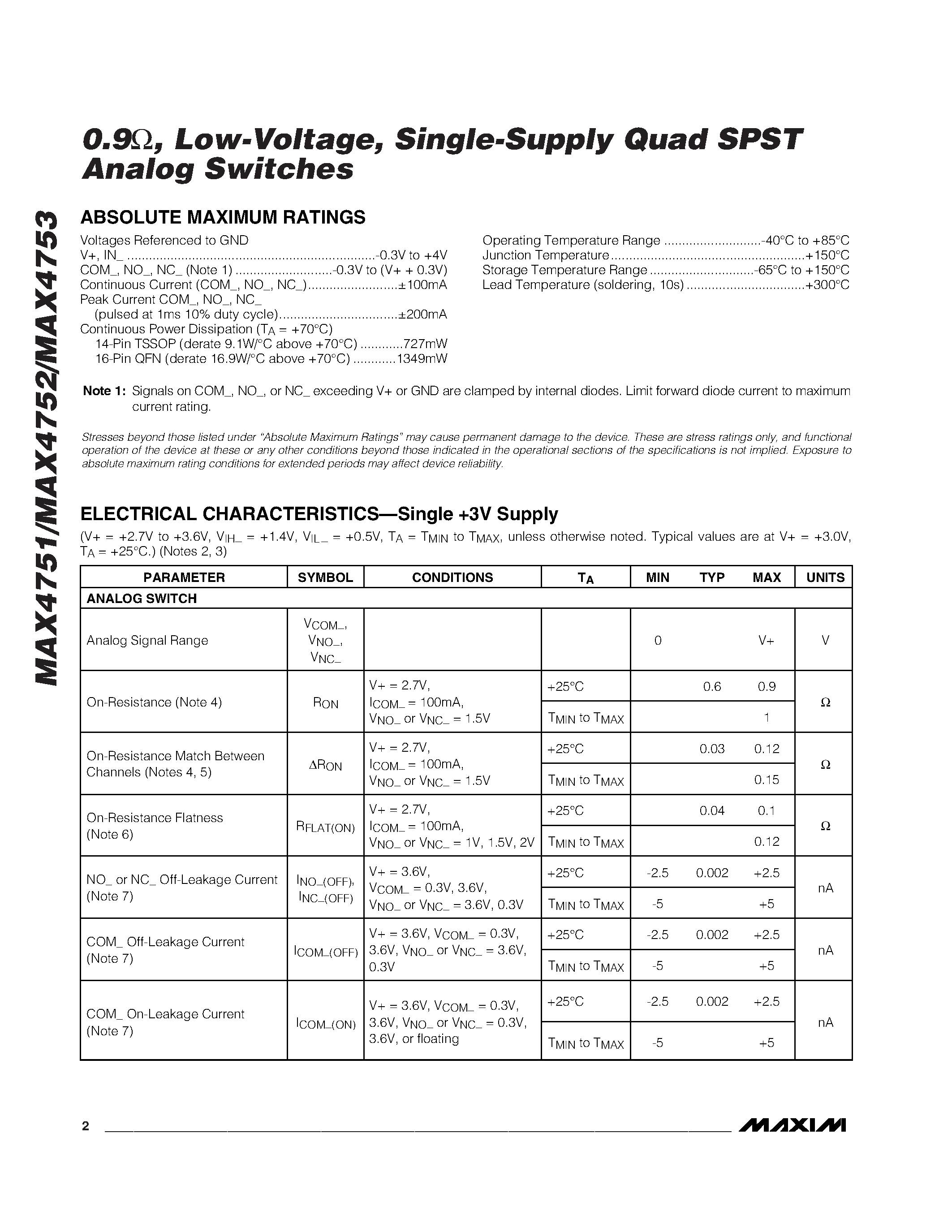 Datasheet MAX4752 - 0.9 / Low-Voltage / Single-Supply Quad SPST Analog Switches page 2