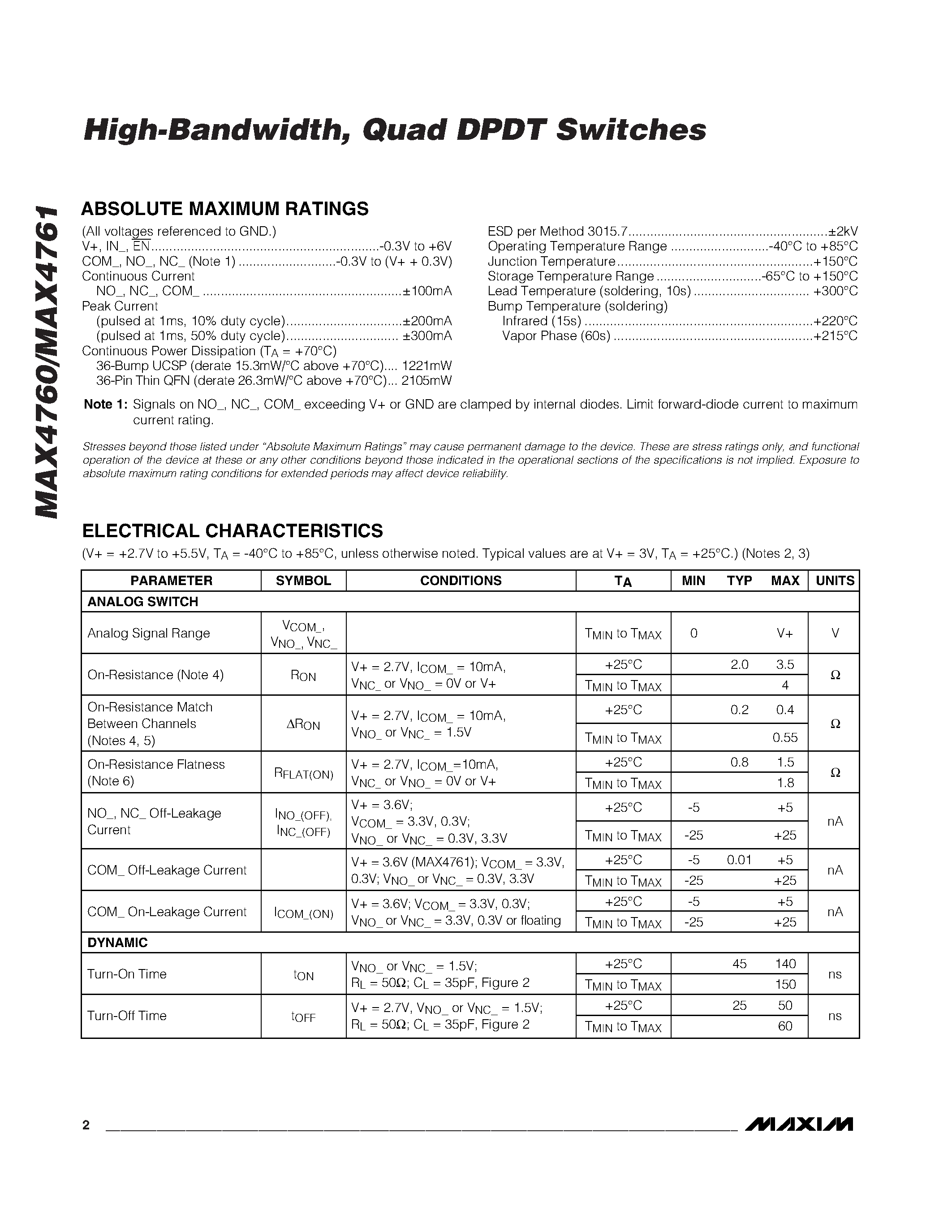 Datasheet MAX4760EBX-T page 2 Datasheet MAX4760EBX-T - High-Bandwidth / Quad DPDT Switches page 2
