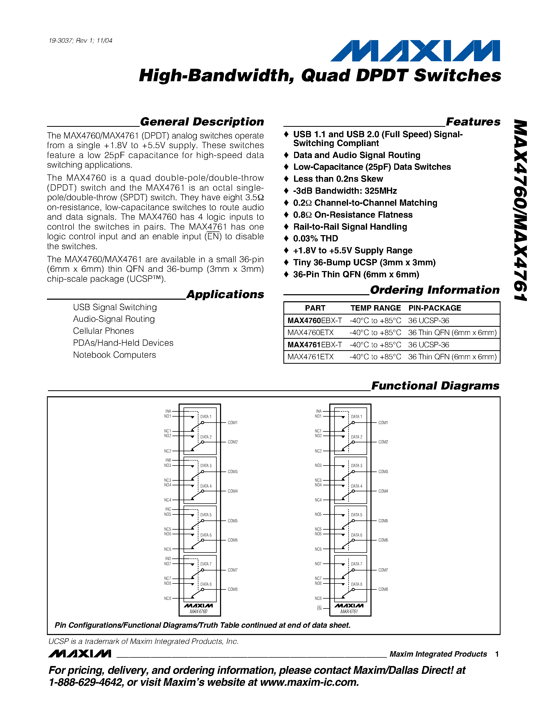 Datasheet MAX4761EBX-T page 1 Datasheet MAX4761EBX-T - High-Bandwidth / Quad DPDT Switches page 1