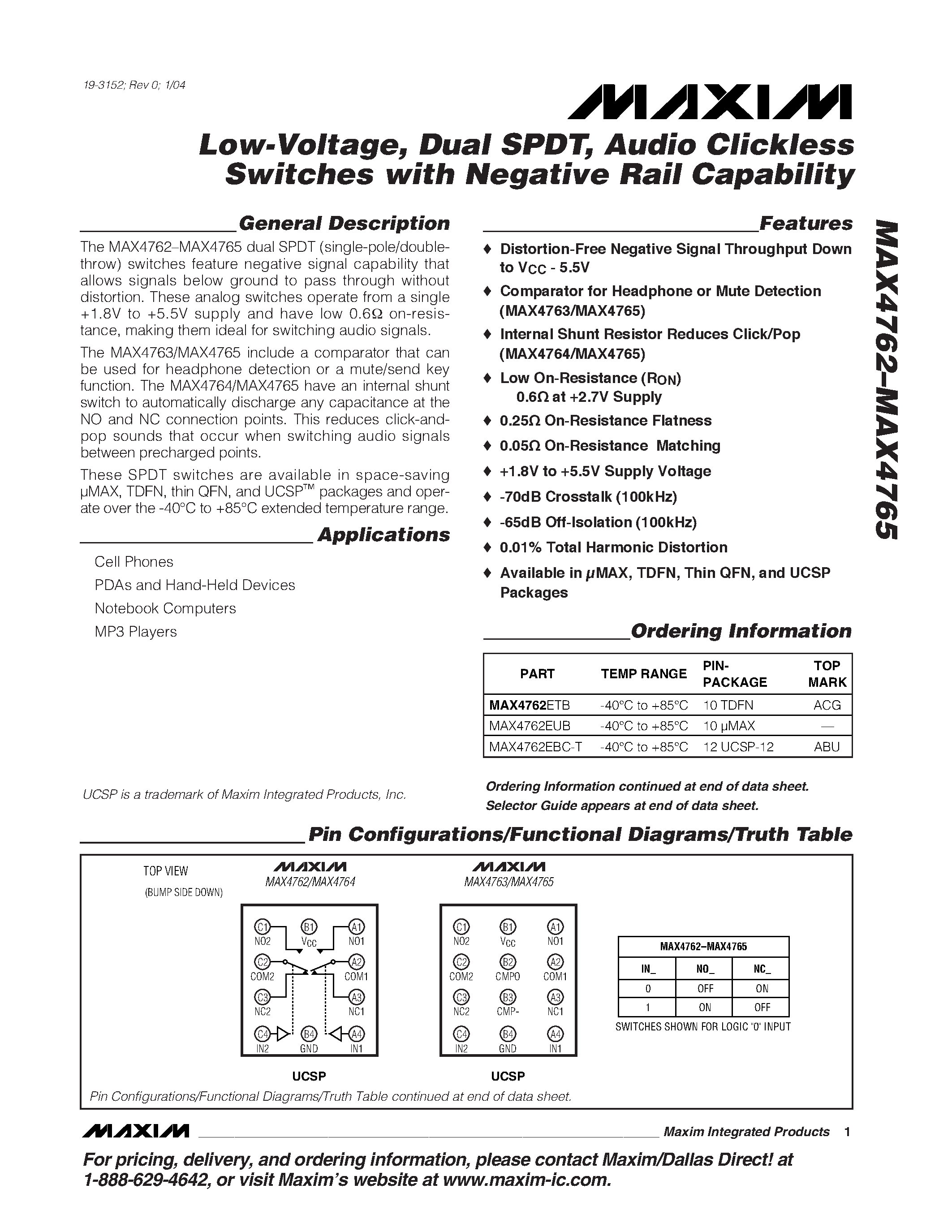 Datasheet MAX4764EBC-T - Low-Voltage / Dual SPDT / Audio Clickless Switches with Negative Rail Capability page 1