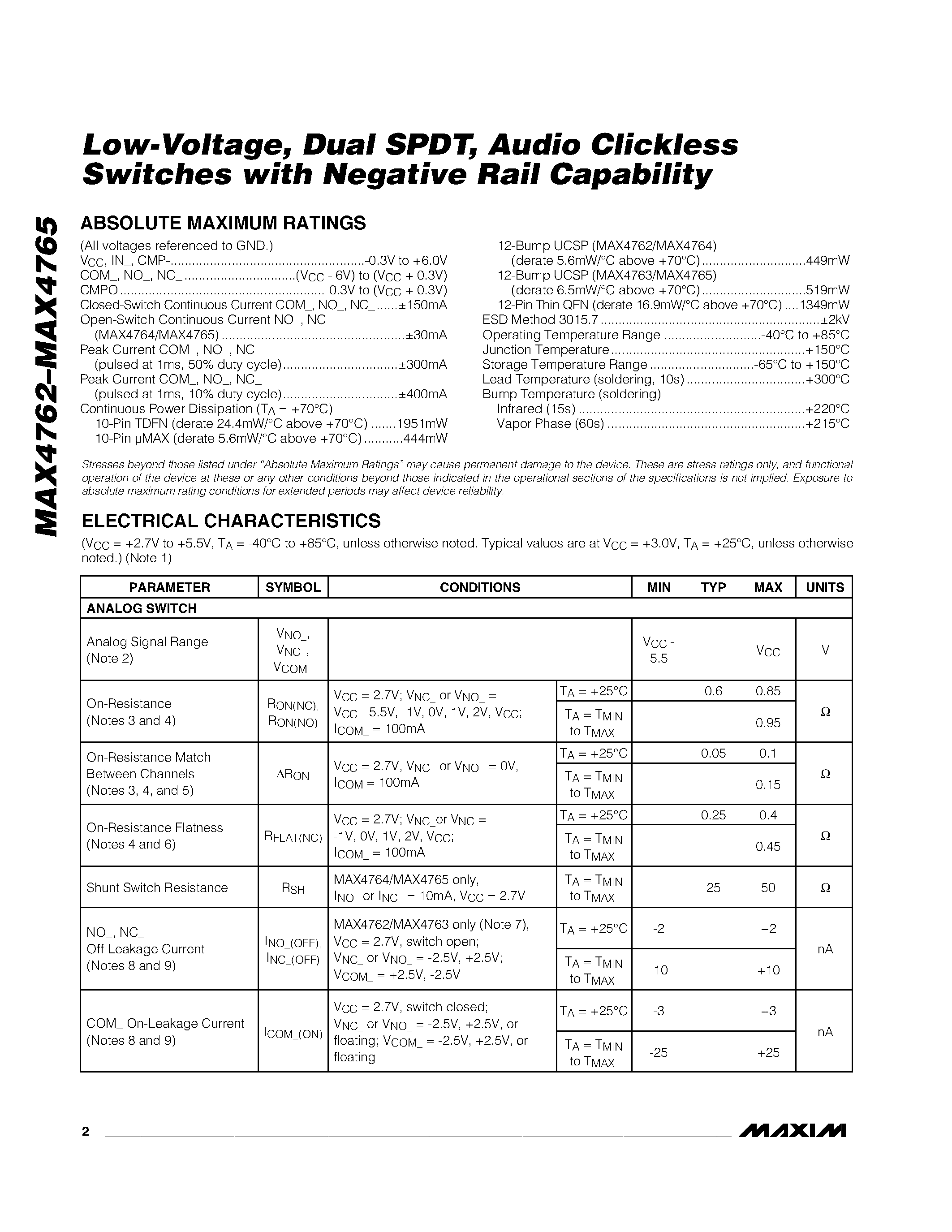 Datasheet MAX4764EBC-T - Low-Voltage / Dual SPDT / Audio Clickless Switches with Negative Rail Capability page 2