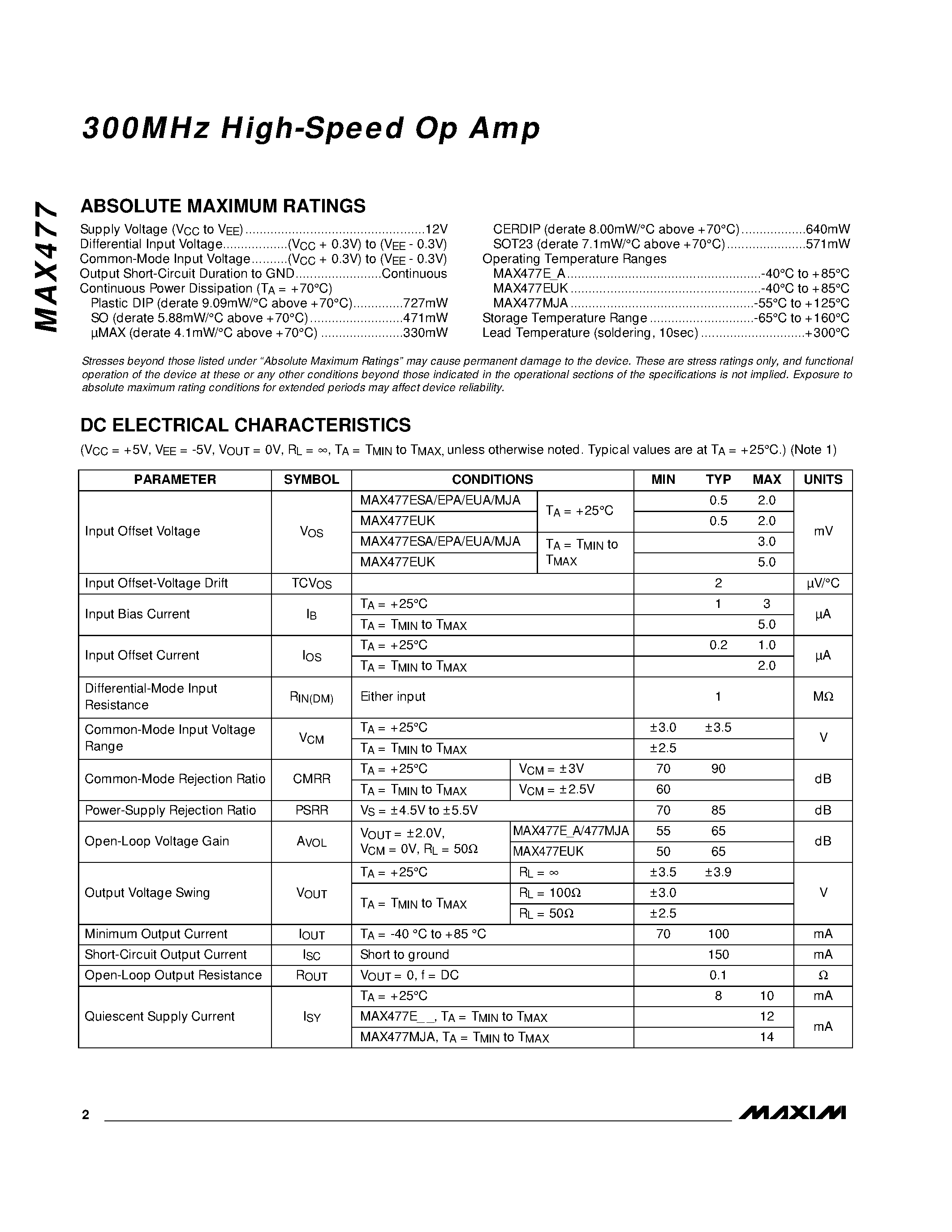 Datasheet MAX477EUK-T - 300MHz High-Speed Op Amp page 2