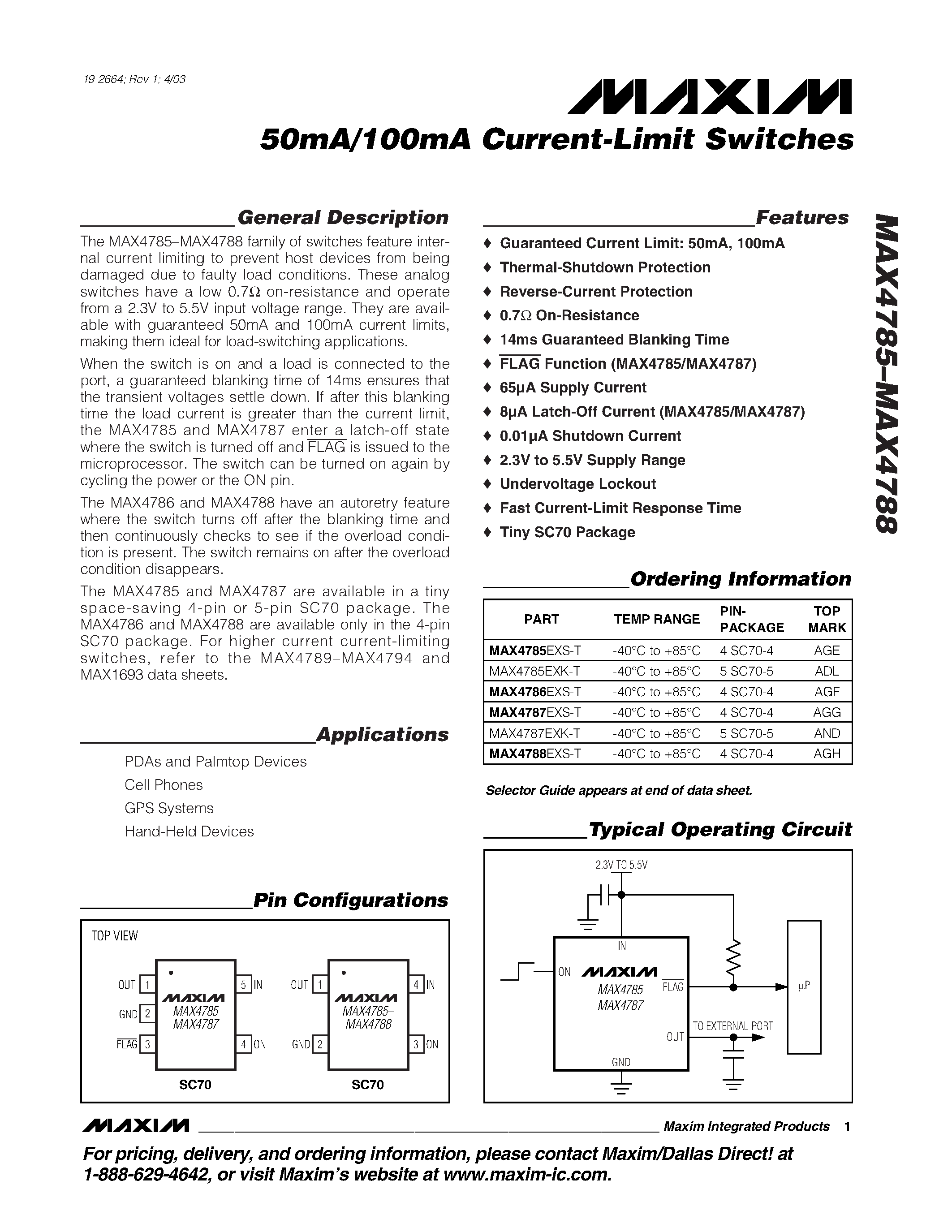 Даташит на микросхему MAX4785 страница 1 Даташит MAX4785 - 50mA/100mA Current-Limit Switches страница 1
