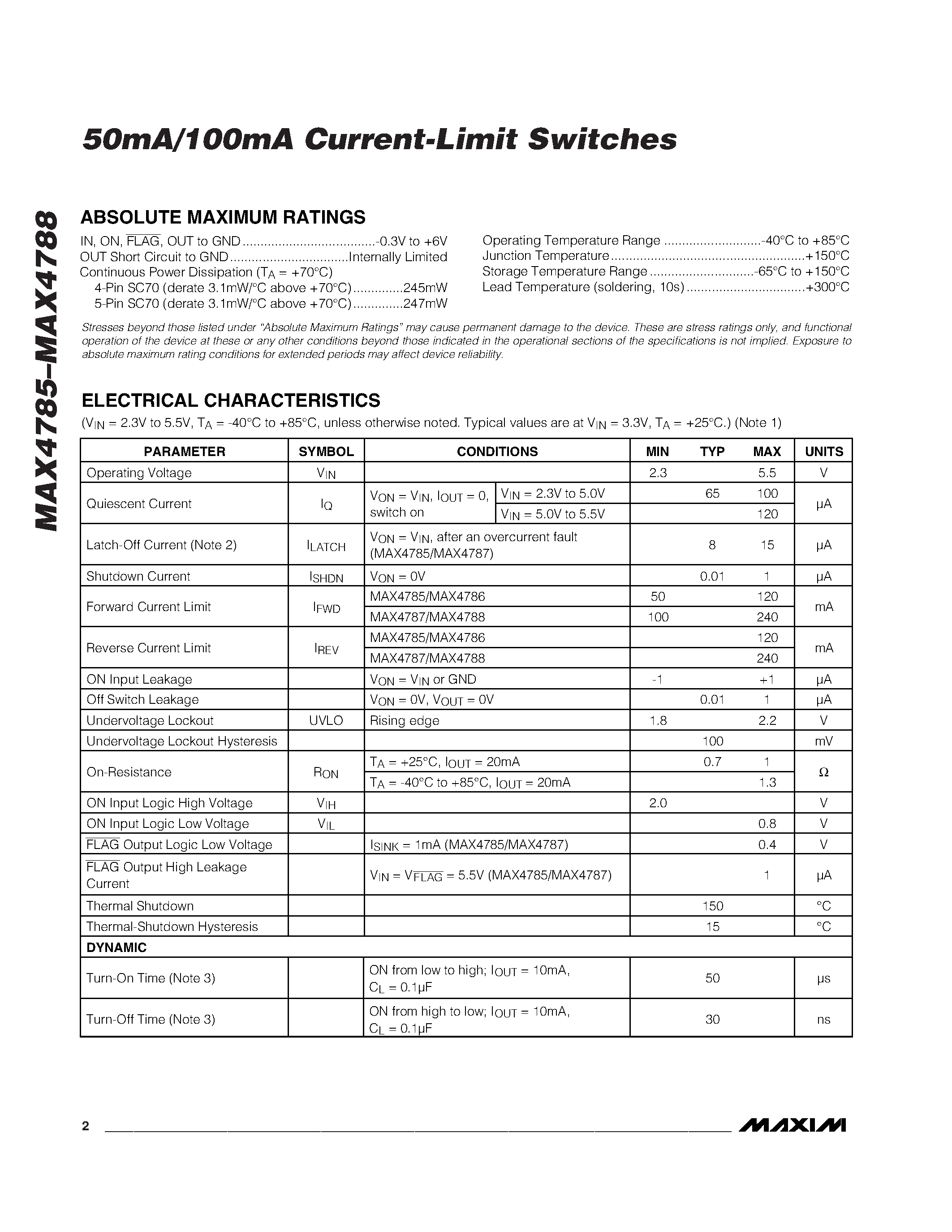 Datasheet MAX4785EXK-T - 50mA/100mA Current-Limit Switches page 2