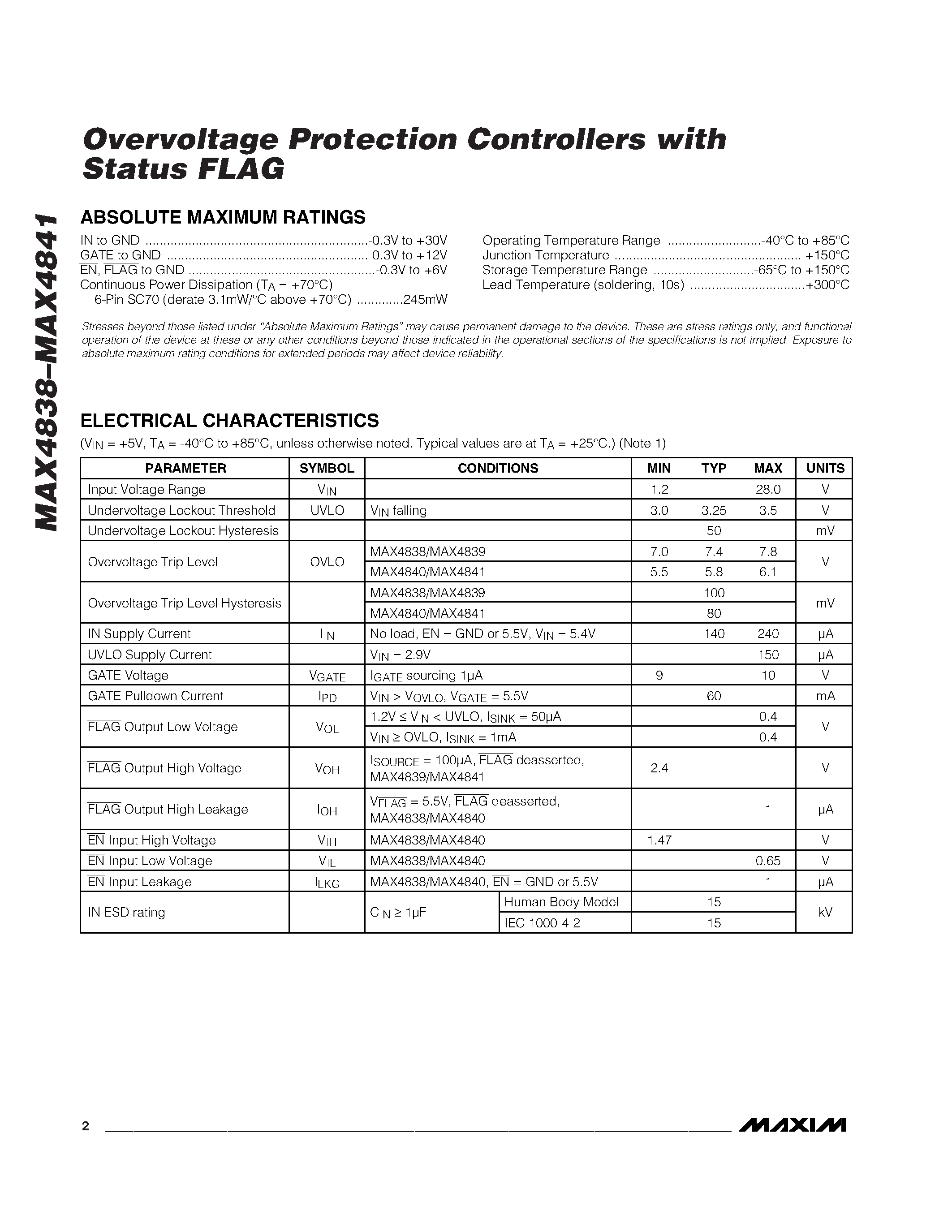 Datasheet MAX4841 - Overvoltage Protection Controllers with Status FLAG page 2