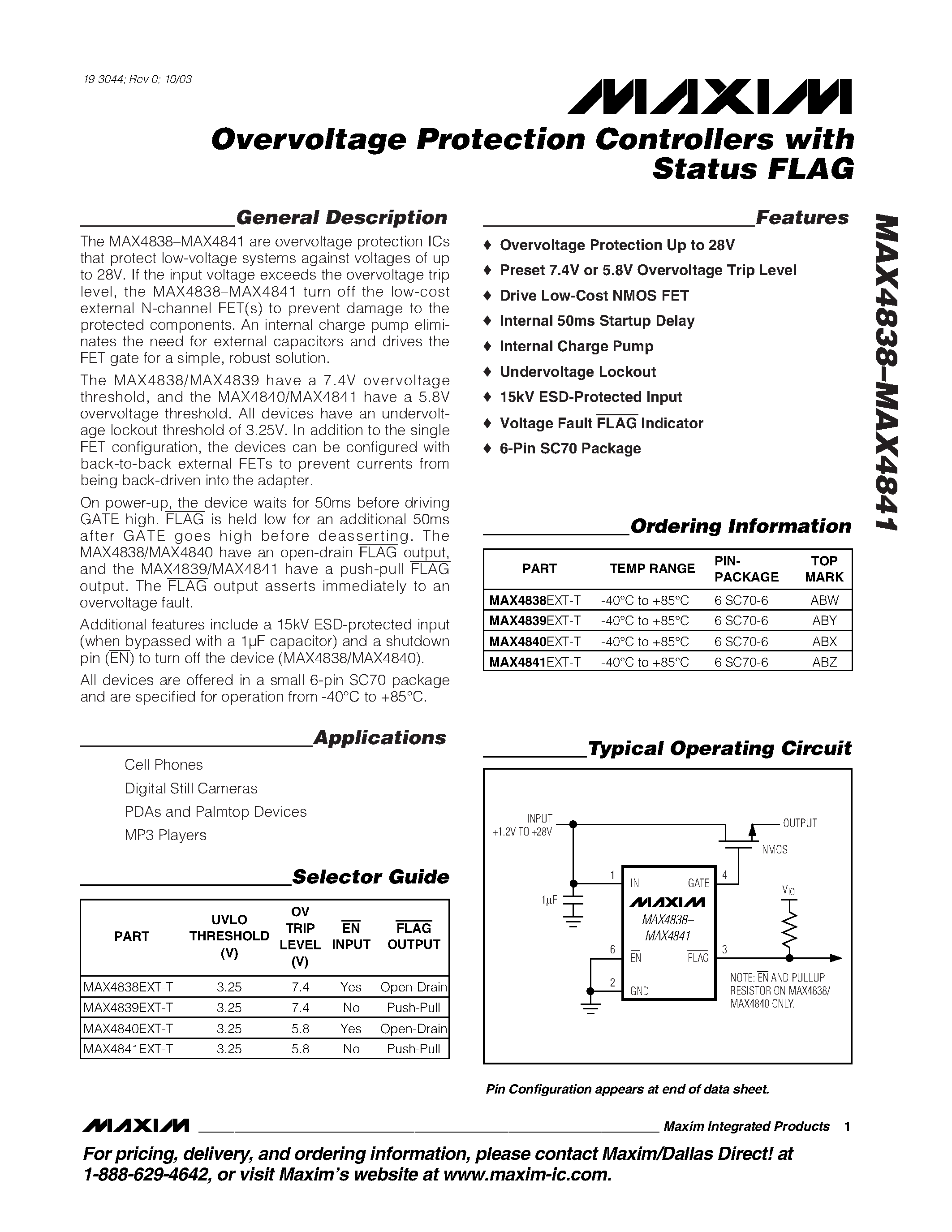 Datasheet MAX4841EXT-T page 1 Datasheet MAX4841EXT-T - Overvoltage Protection Controllers with Status FLAG page 1