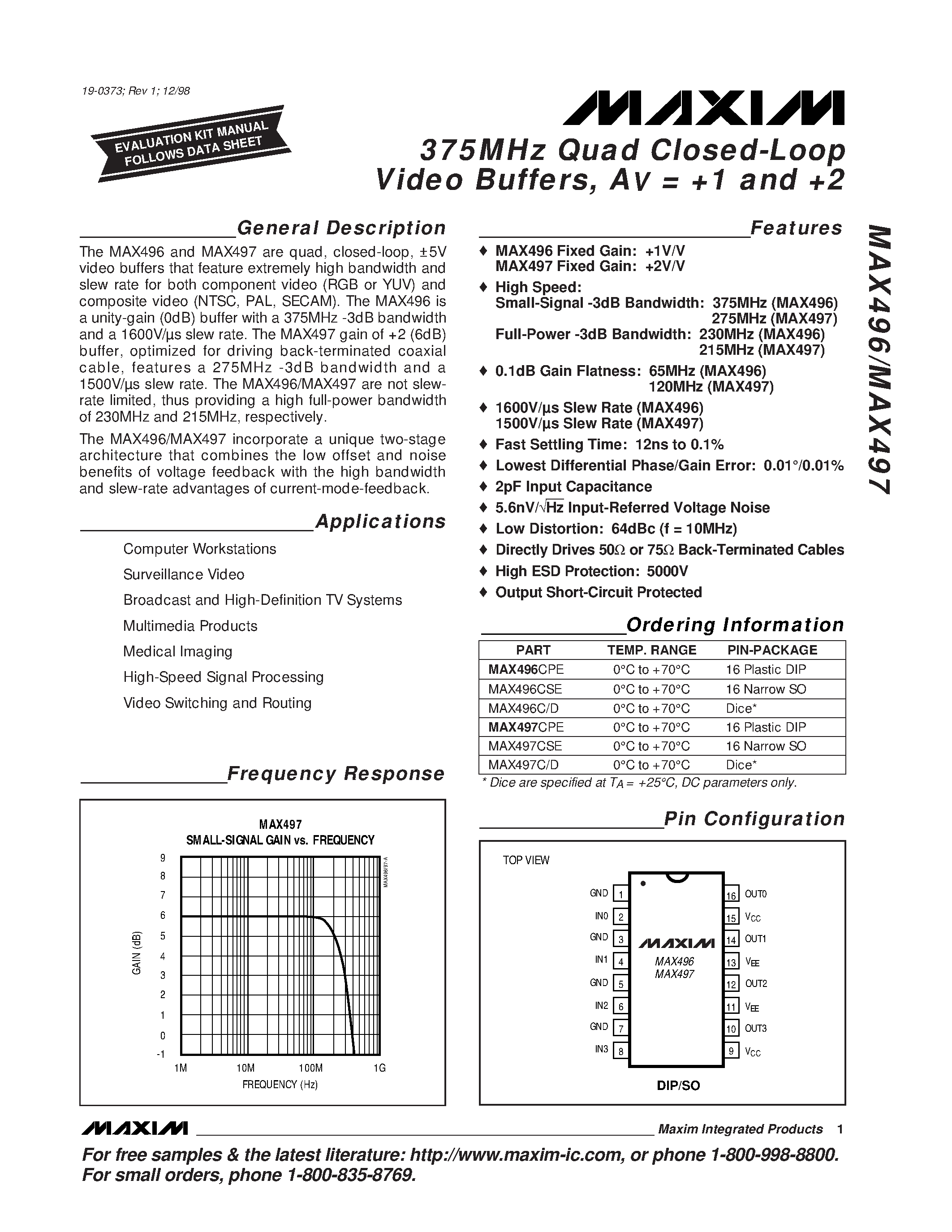 Datasheet MAX496 - 375MHz Quad Closed-Loop Video Buffers / AV = +1 and +2 page 1