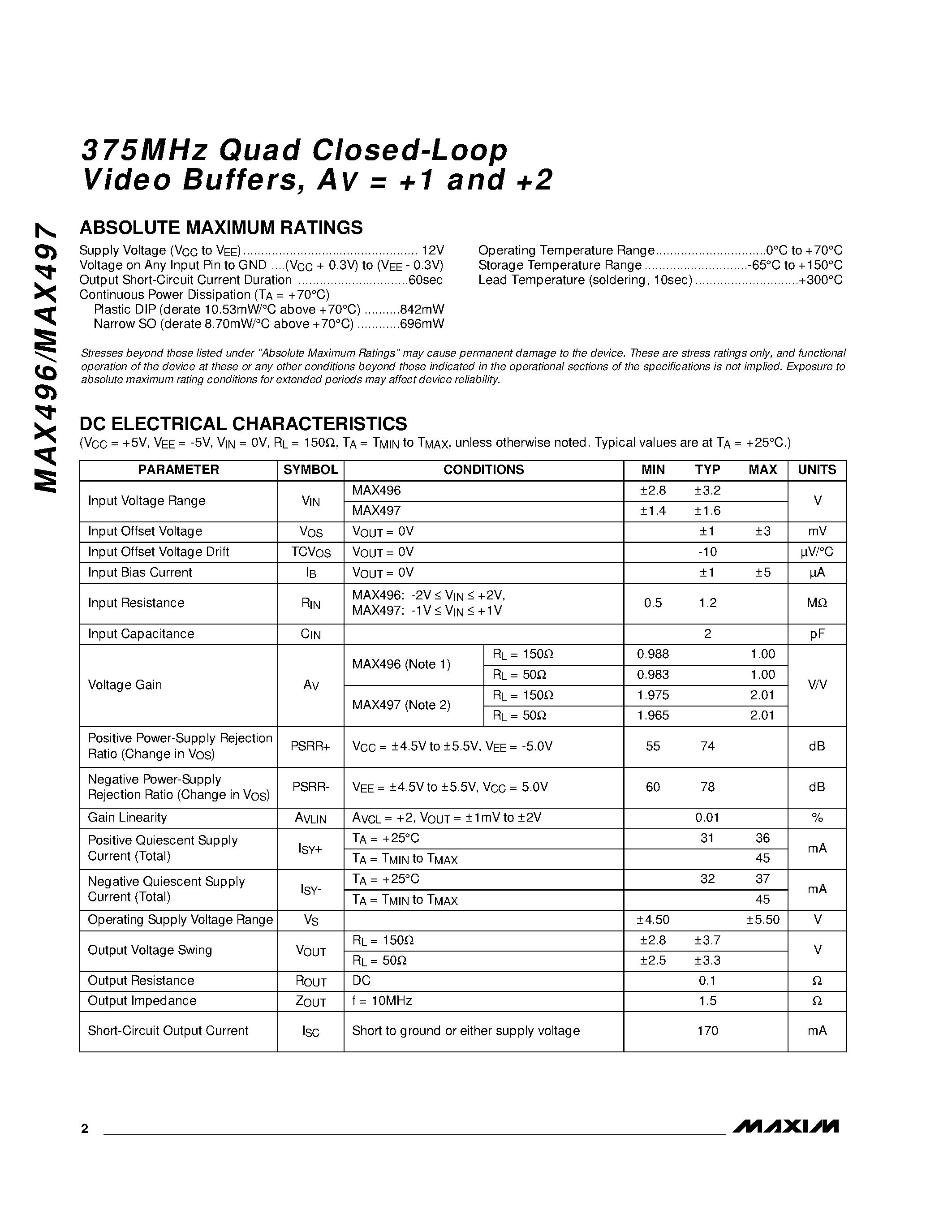 Datasheet MAX496 - 375MHz Quad Closed-Loop Video Buffers / AV = +1 and +2 page 2
