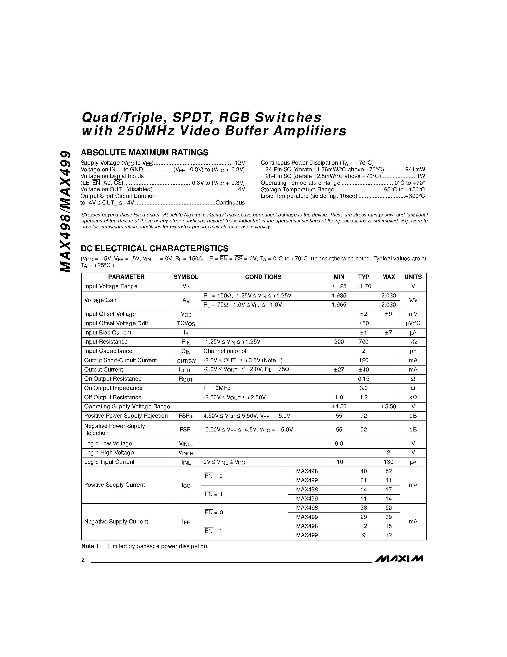 Даташит на микросхему MAX499 страница 2 Даташит MAX499 - Quad/Triple / SPDT / RGB Switches with 250MHz Video Buffer Amplifiers страница 2