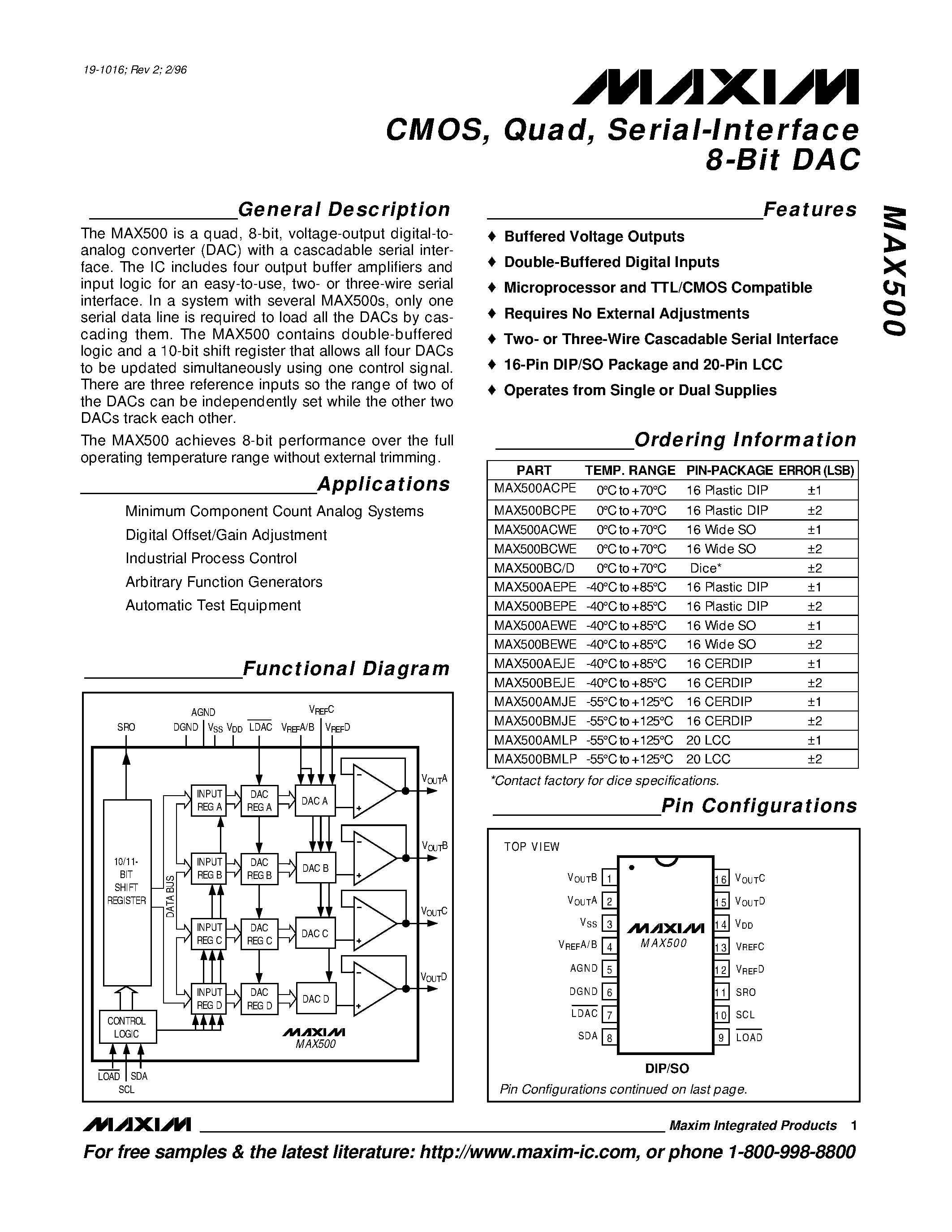 Datasheet MAX500 - CMOS / Quad / Serial-Interface 8-Bit DAC page 1