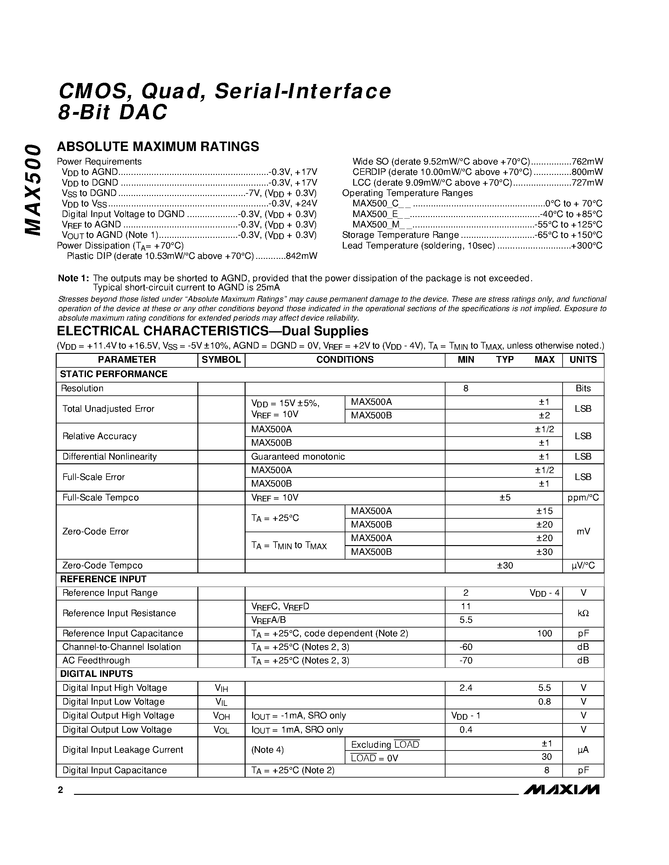 Datasheet MAX500 - CMOS / Quad / Serial-Interface 8-Bit DAC page 2