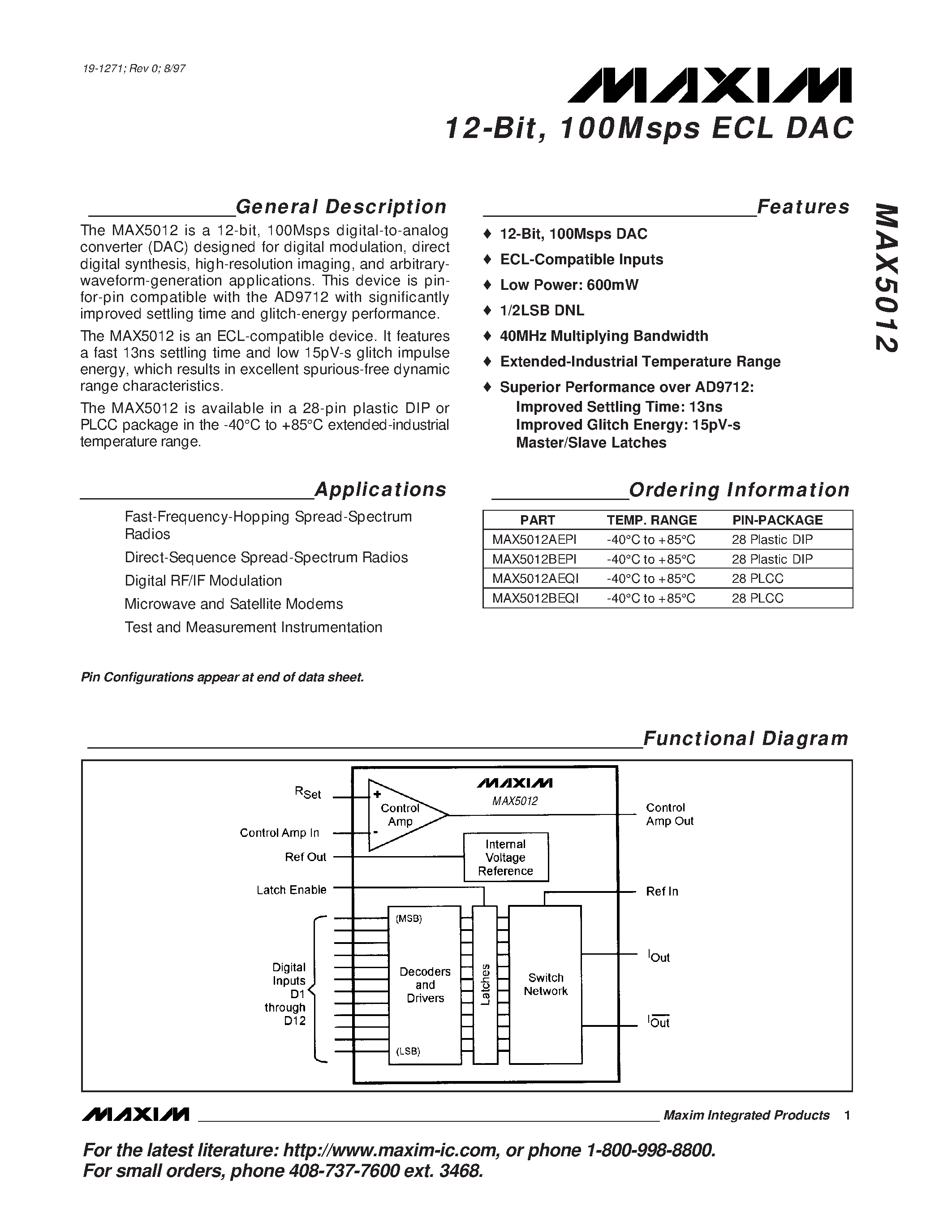 Datasheet MAX5012 - 12-Bit / 100Msps ECL DAC page 1