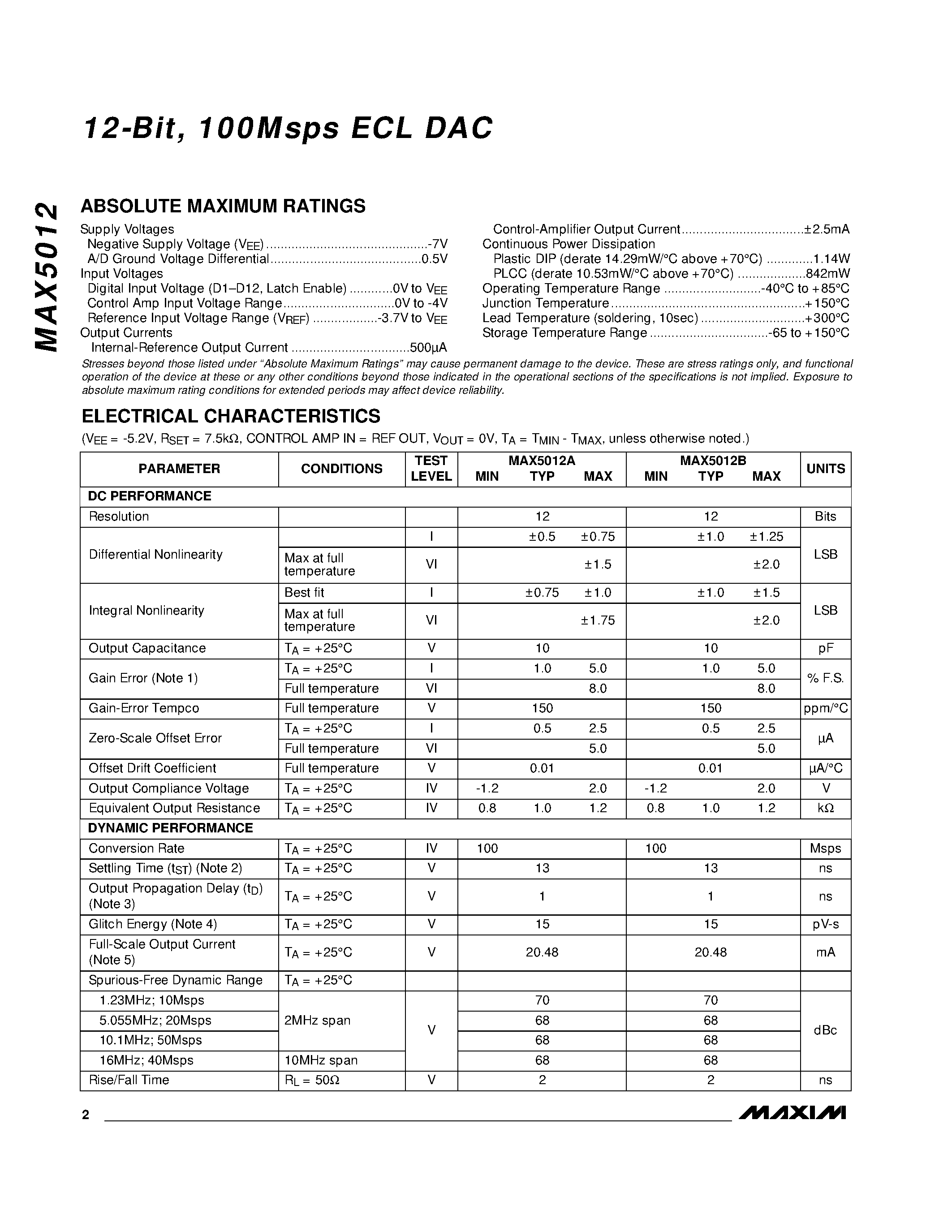 Datasheet MAX5012BEPI - 12-Bit / 100Msps ECL DAC page 2