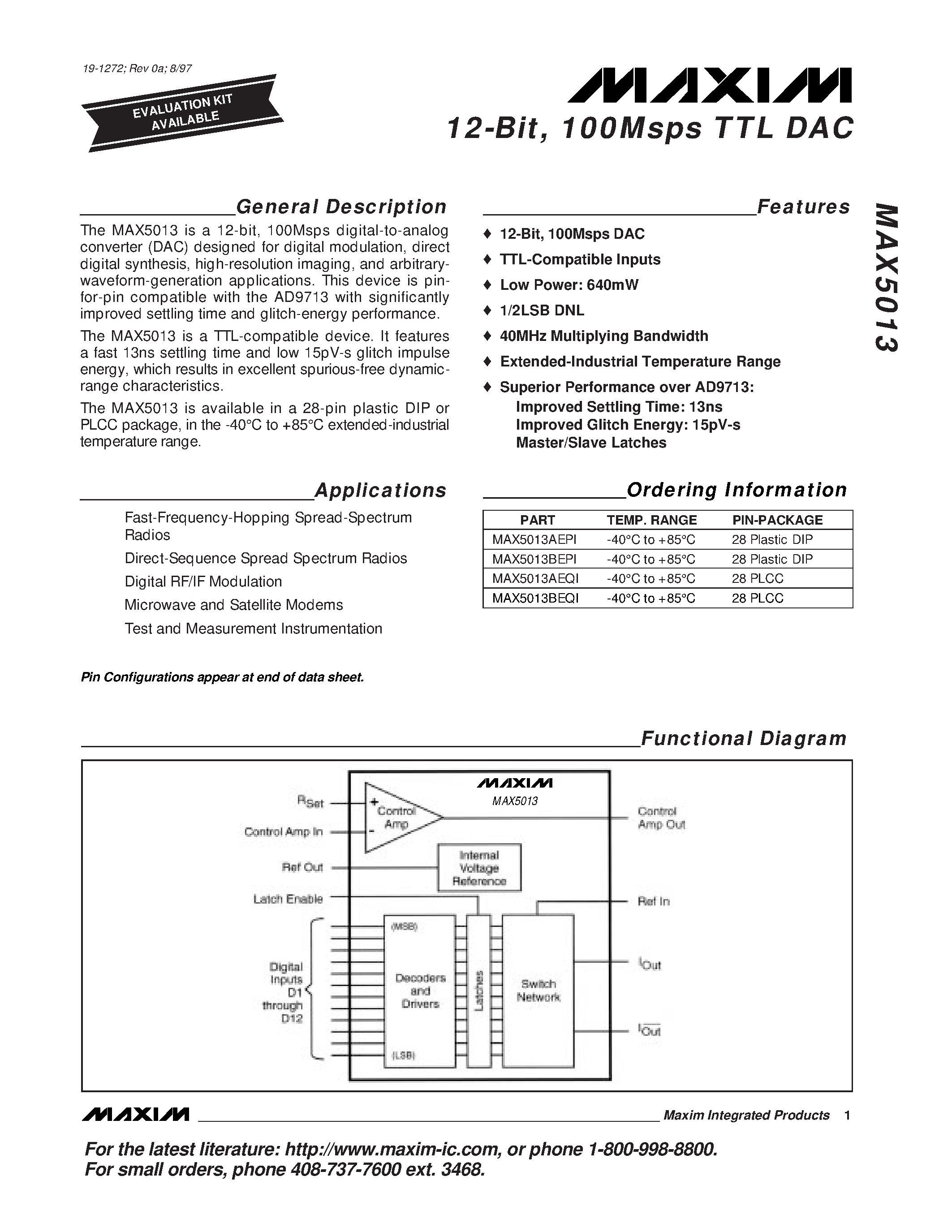 Datasheet MAX5013 - 12-Bit / 100Msps TTL DAC page 1