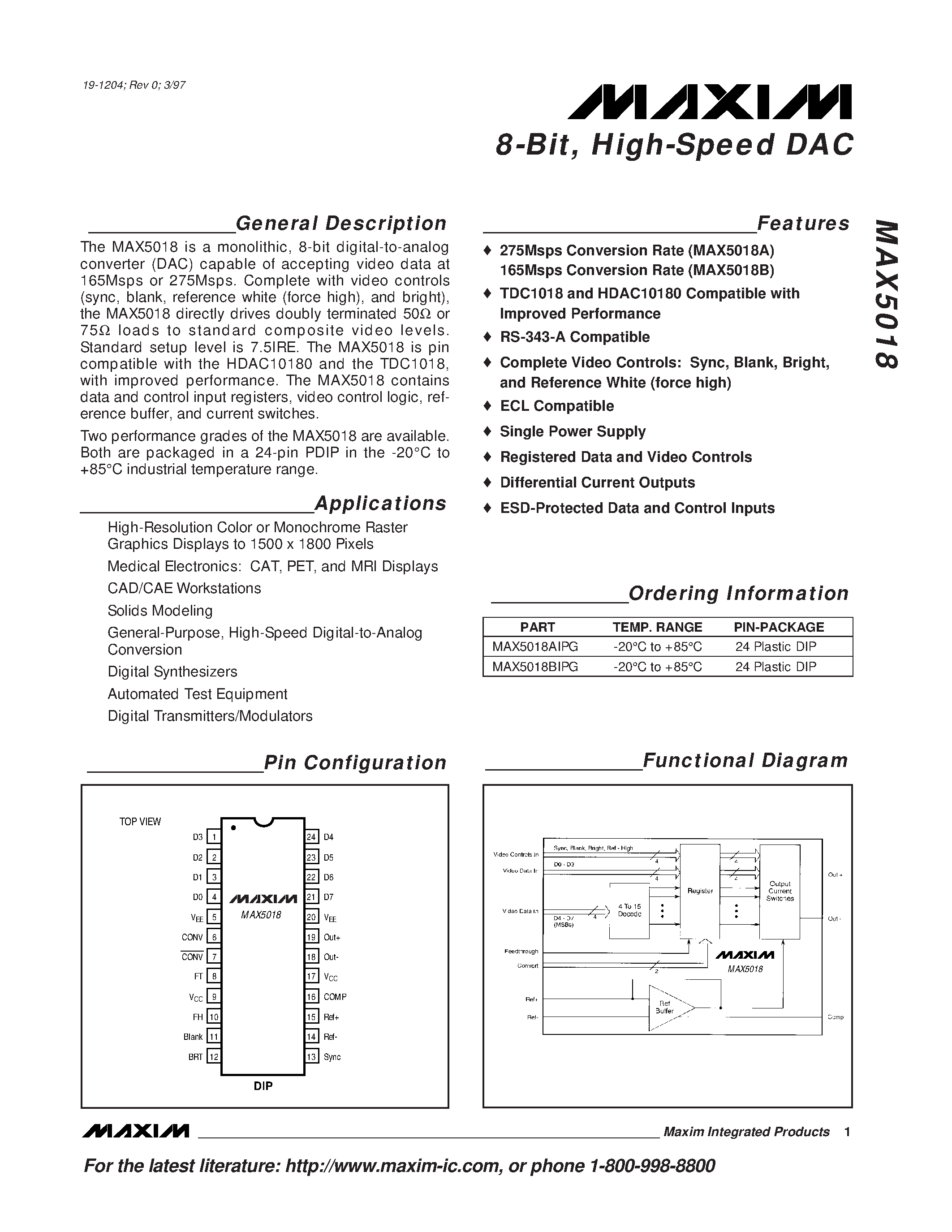 Datasheet MAX5018 - 8-Bit / High-Speed DAC page 1