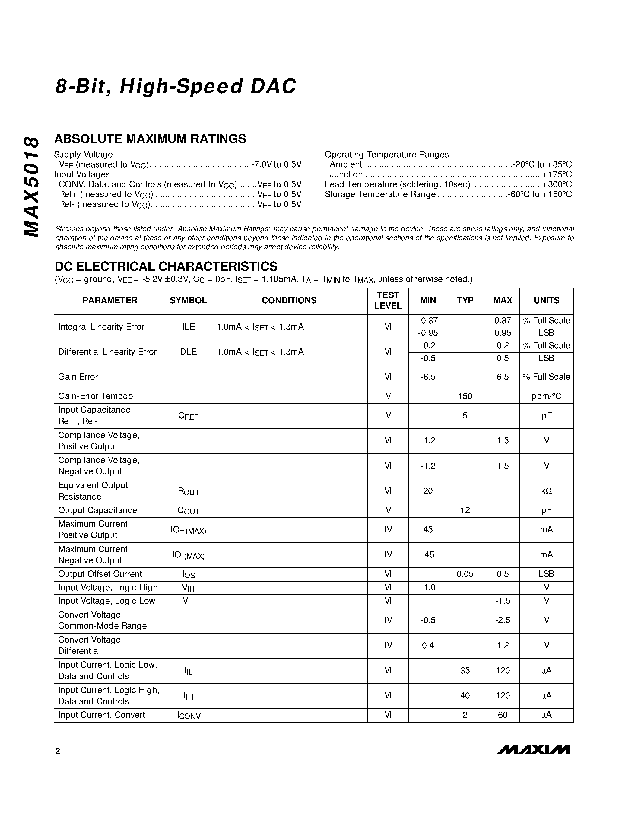 Datasheet MAX5018 - 8-Bit / High-Speed DAC page 2