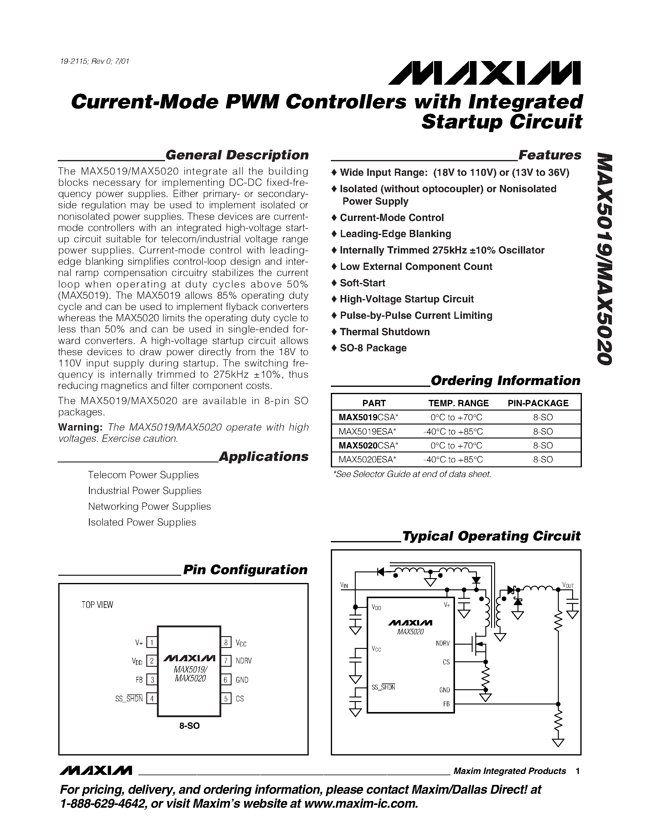 Даташит MAX5019-MAX5020 - Current-Mode PWM Controllers with Integrated Startup Circuit страница 1