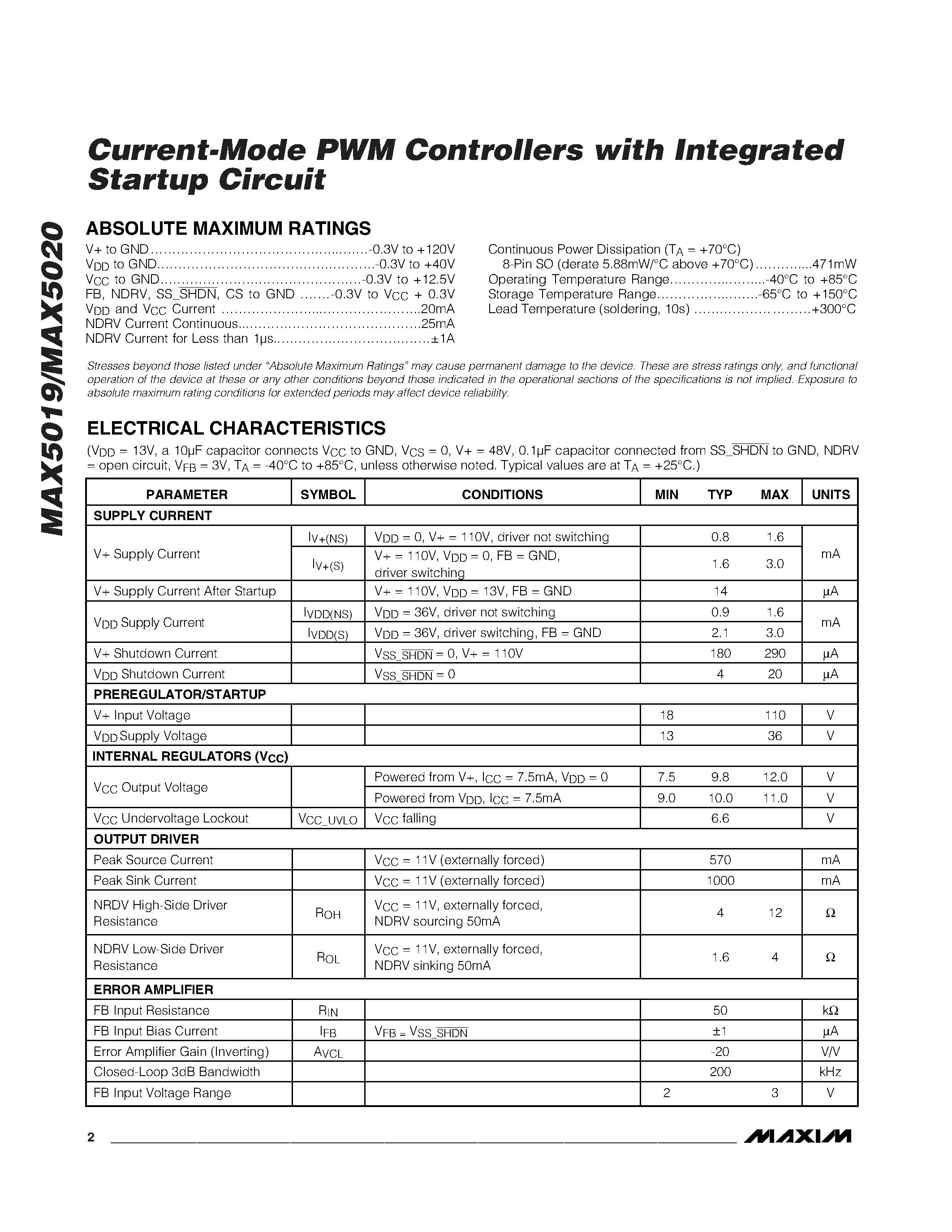 Даташит MAX5019-MAX5020 - Current-Mode PWM Controllers with Integrated Startup Circuit страница 2